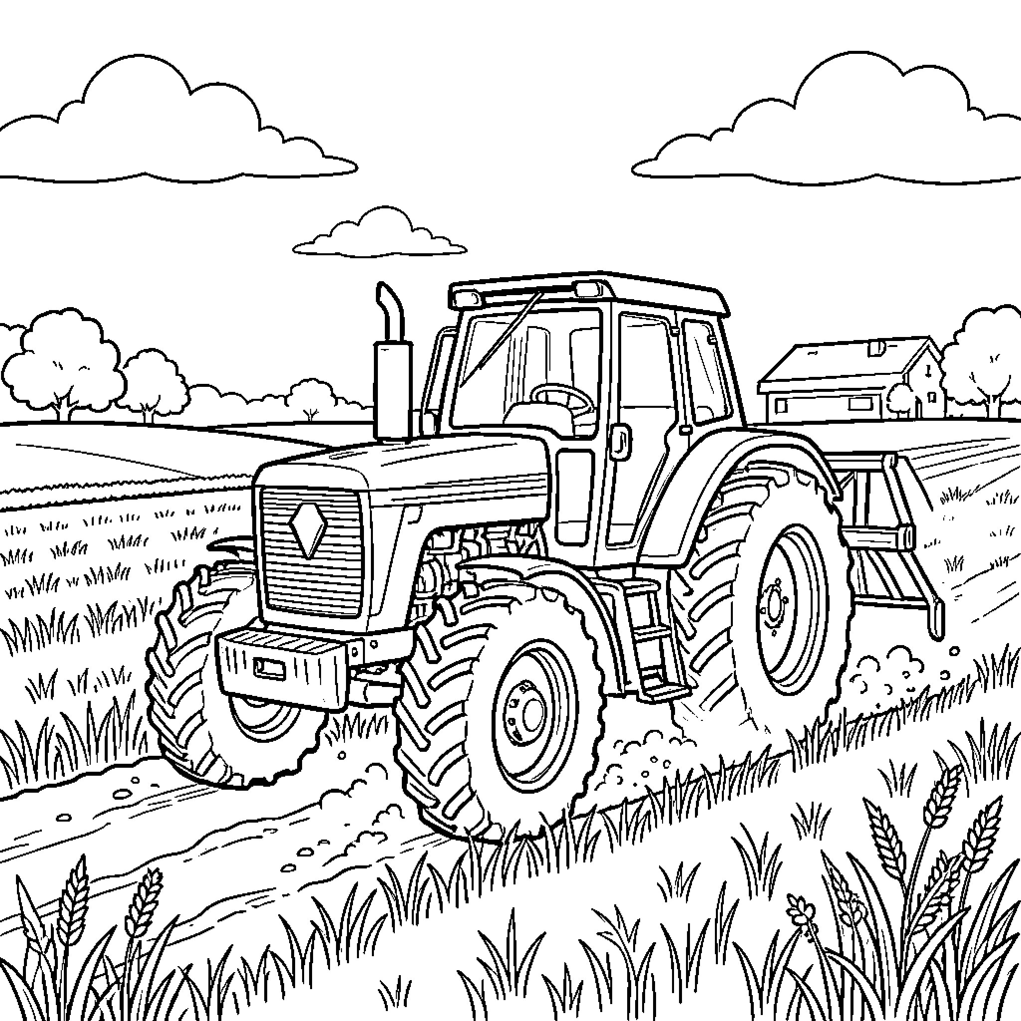 Tractor working in a farm field Coloring Page (free black-and-white line drawing printable PDF for all, from beginners to advanced learners, including children, teens, adults, and seniors)