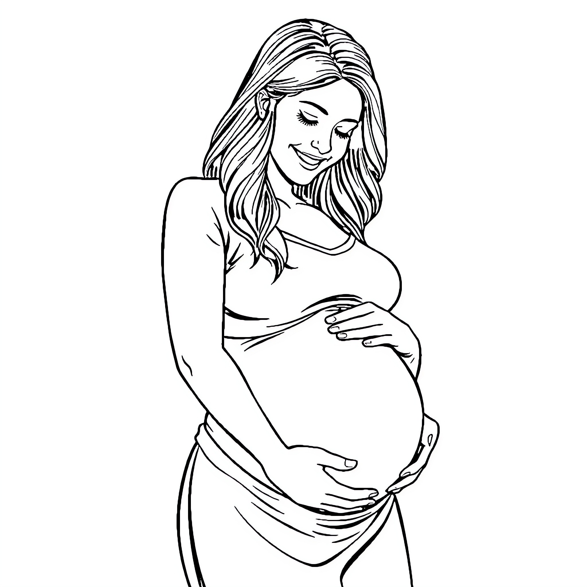 Pregnant Woman Cradling Her Belly with Tender Gaze Coloring Page (free black-and-white line drawing printable PDF for all, from beginners to advanced learners, including children, teens, adults, and seniors)