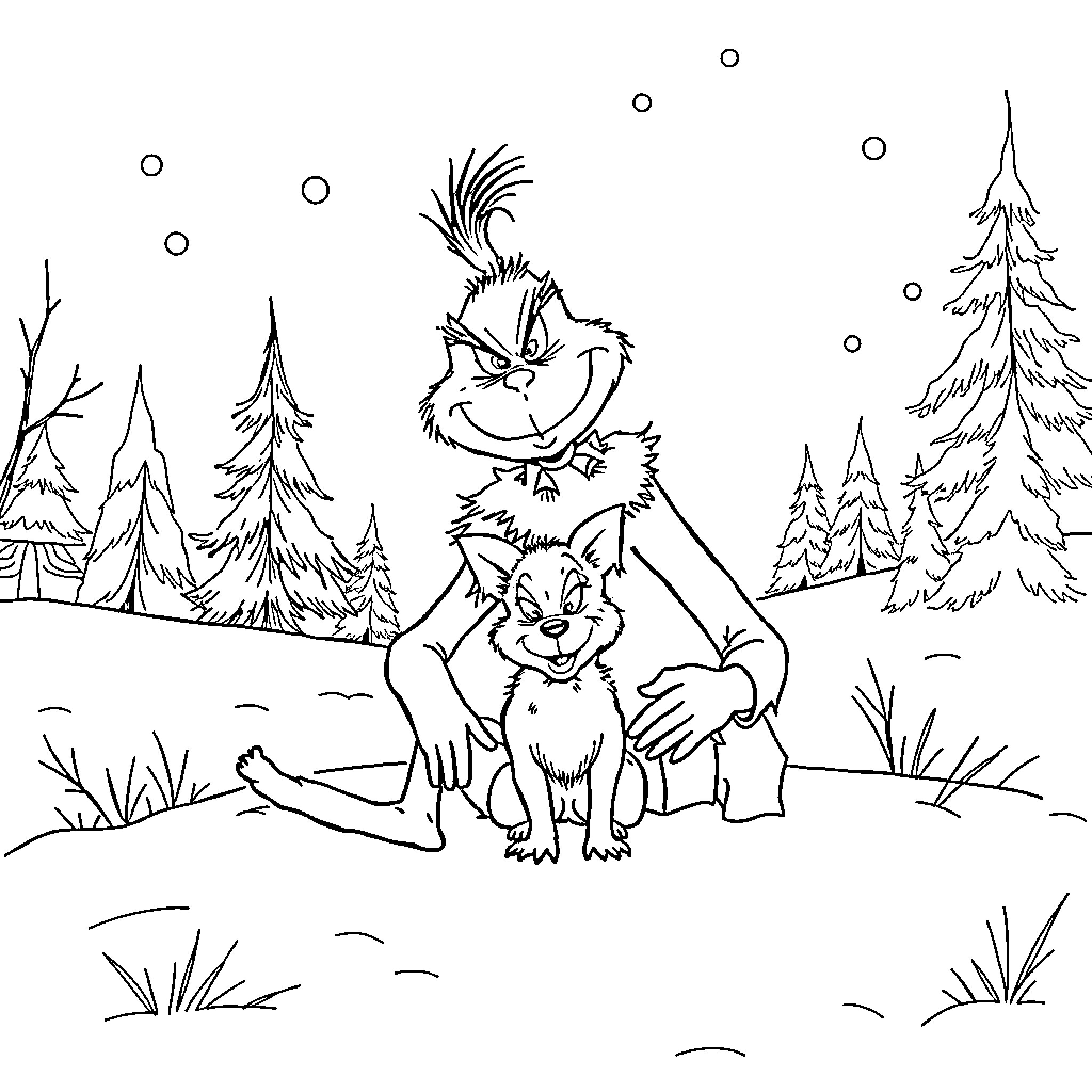 Grinch and his dog enjoying the snowy forest Coloring Page (free black-and-white line drawing printable PDF for all, from beginners to advanced learners, including children, teens, adults, and seniors)