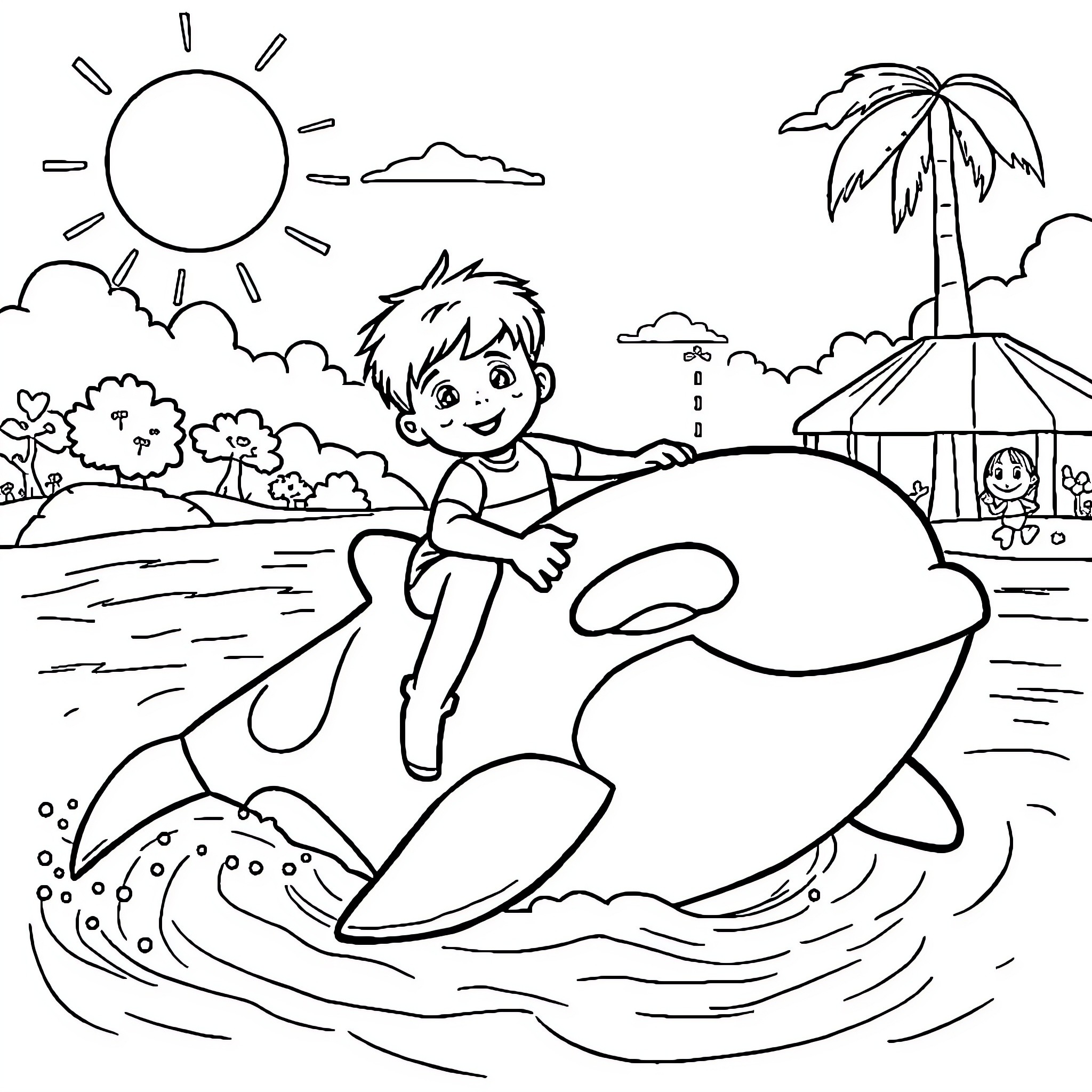 Kid riding on a dolphin at the beach Coloring Page (free black-and-white line drawing printable PDF for all, from beginners to advanced learners, including children, teens, adults, and seniors)