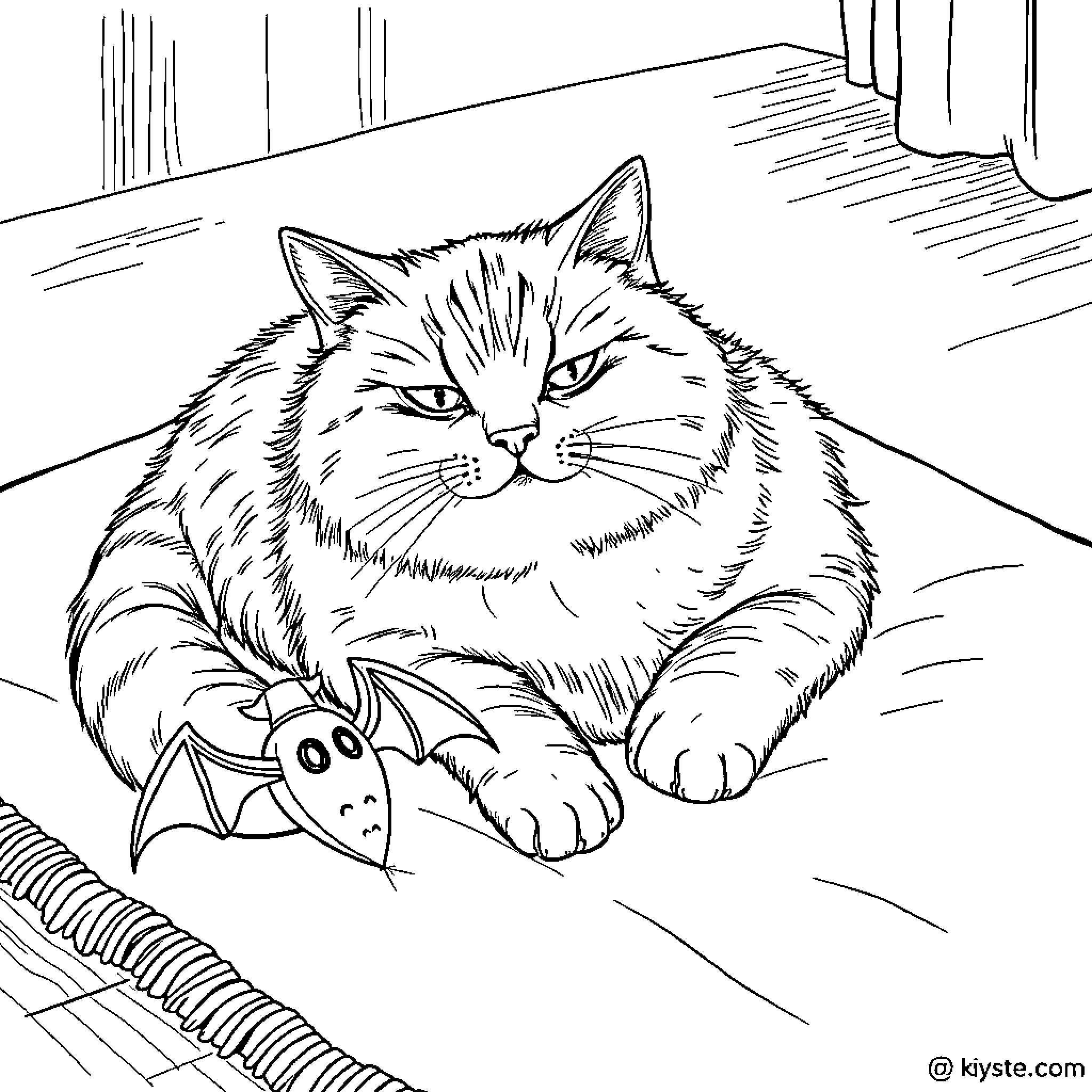 Cat lounging indoors with toy mouse Coloring Page (free black-and-white line drawing printable PDF for all, from beginners to advanced learners, including children, teens, adults, and seniors)