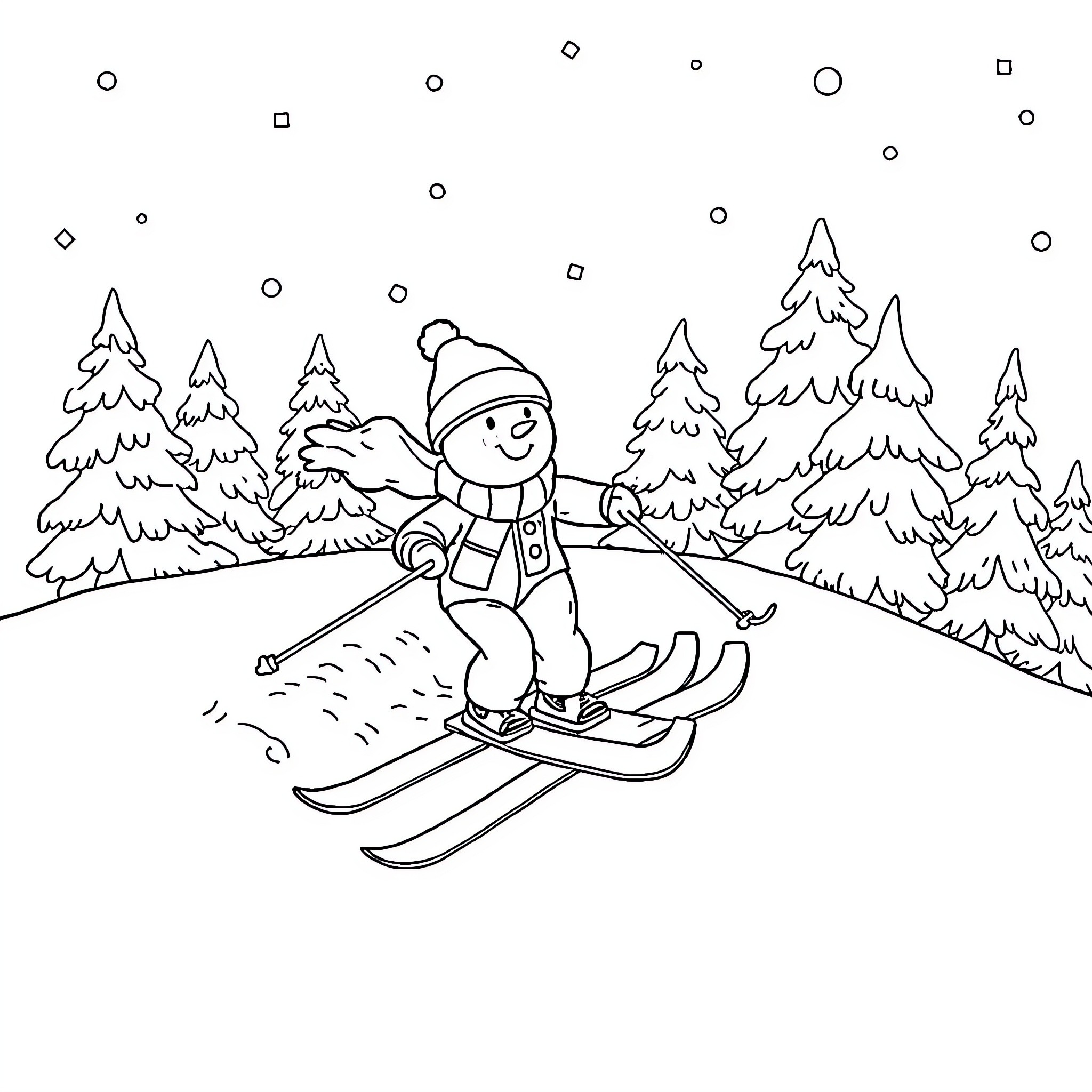 Ruben enjoying a winter ski adventure in the snowy forest Coloring Page (free black-and-white line drawing printable PDF for all, from beginners to advanced learners, including children, teens, adults, and seniors)