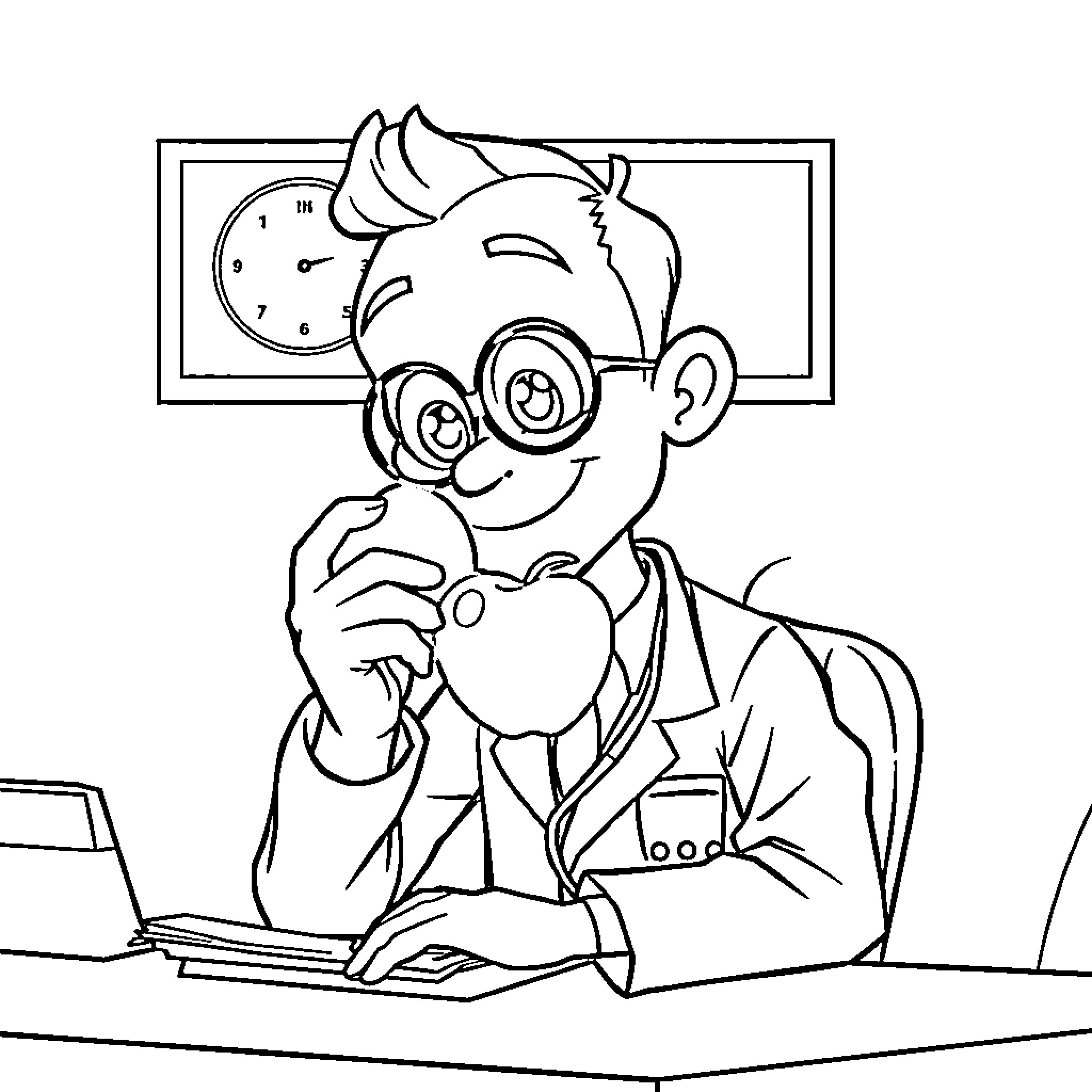 Eye Doctor Examining Patients in Clinic Coloring Page (free black-and-white line drawing printable PDF for all, from beginners to advanced learners, including children, teens, adults, and seniors)