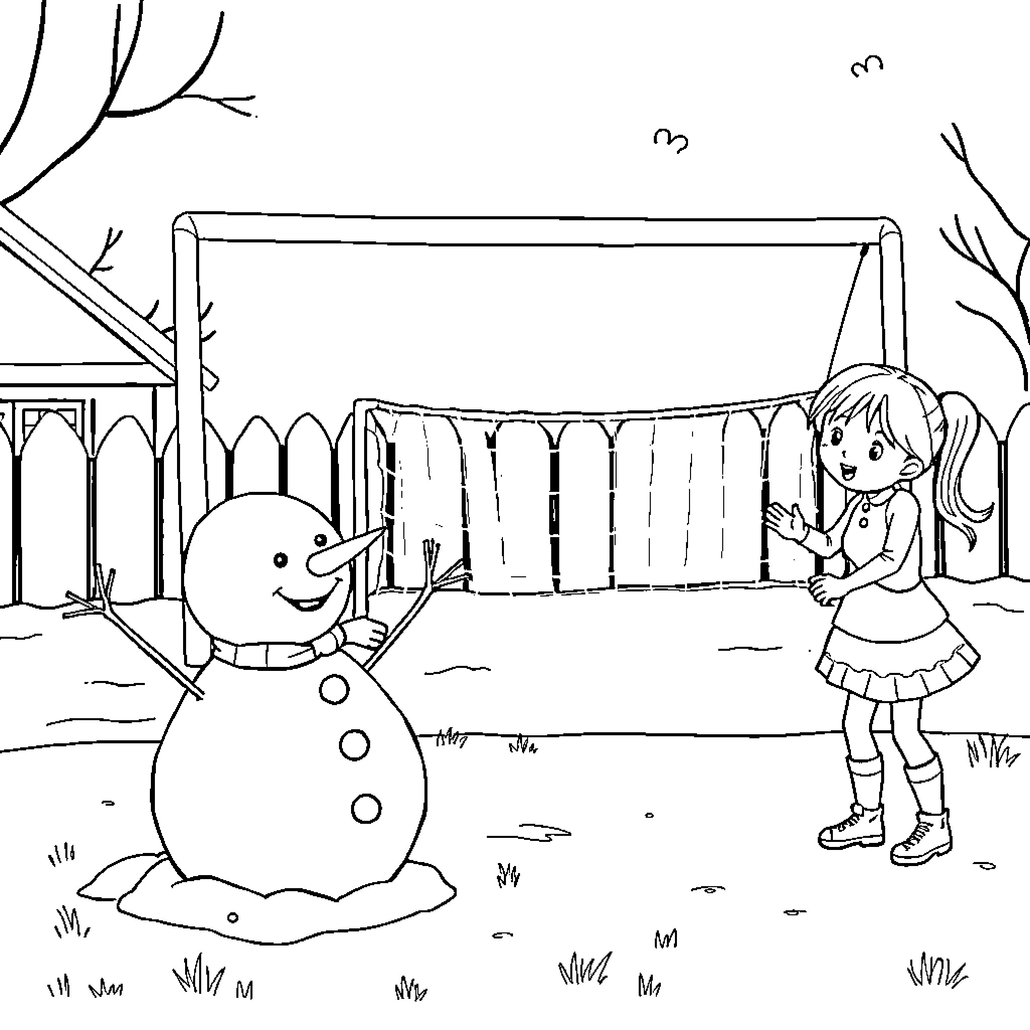 Snowman and girl playing in winter wonderland Coloring Page (free black-and-white line drawing printable PDF for all, from beginners to advanced learners, including children, teens, adults, and seniors)