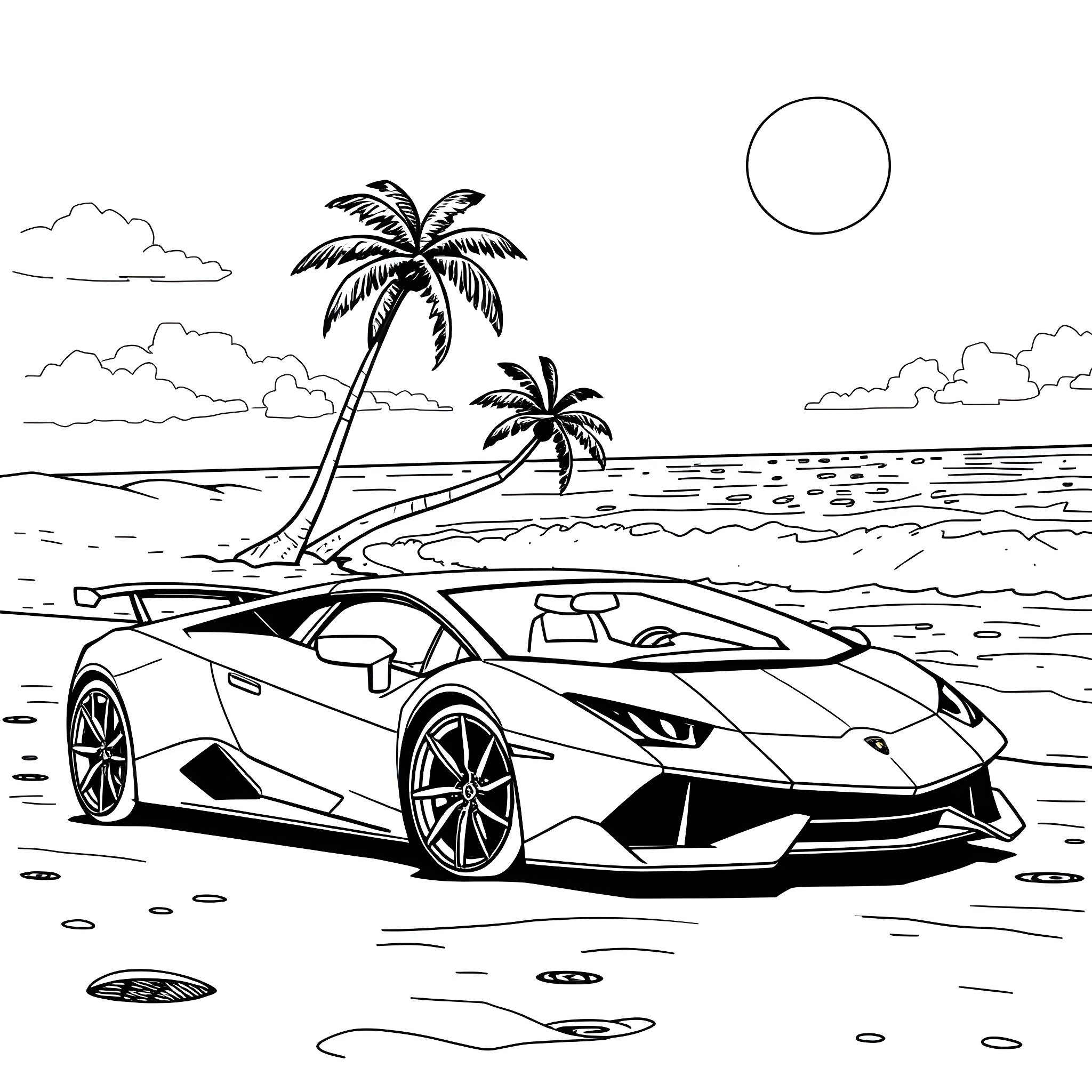 Lamborghini Supercar on a Tropical Beach Coloring Page (free black-and-white line drawing printable PDF for all, from beginners to advanced learners, including children, teens, adults, and seniors)