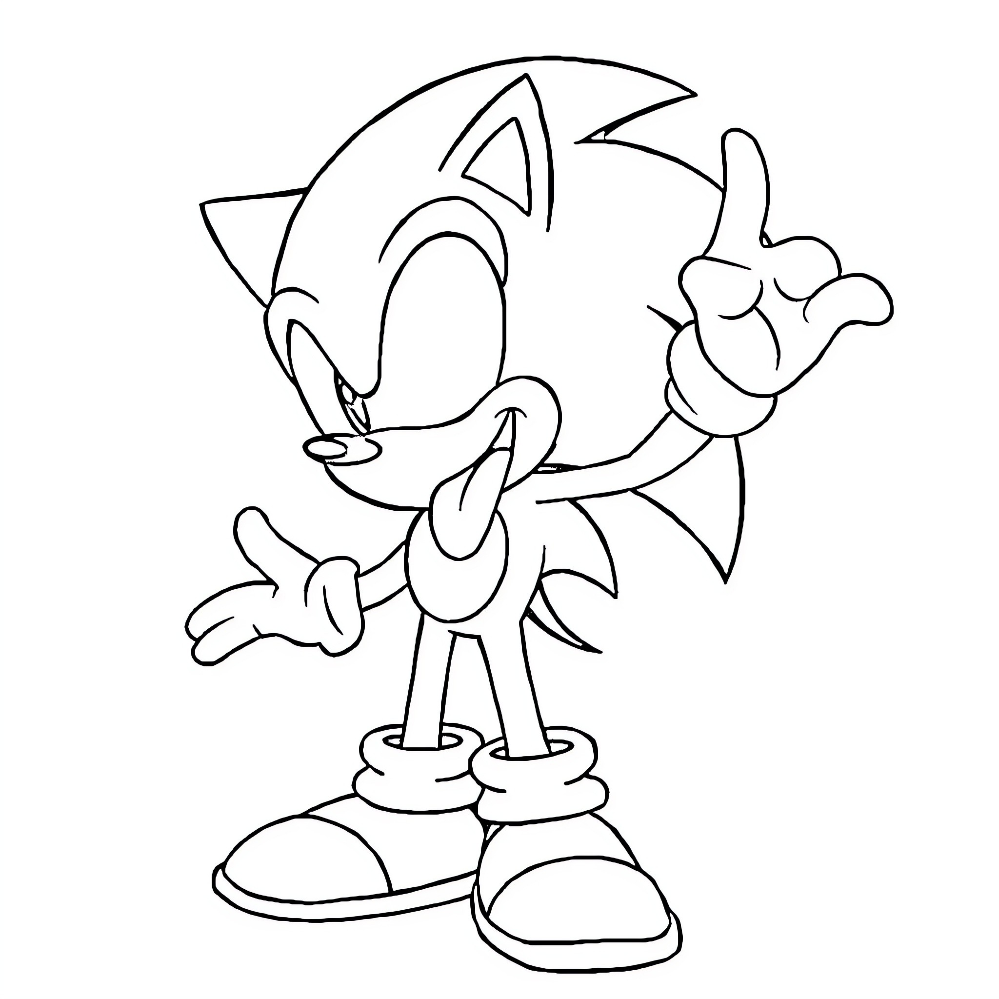 Sonic character making a funny gesture Coloring Page (free black-and-white line drawing printable PDF for all, from beginners to advanced learners, including children, teens, adults, and seniors)
