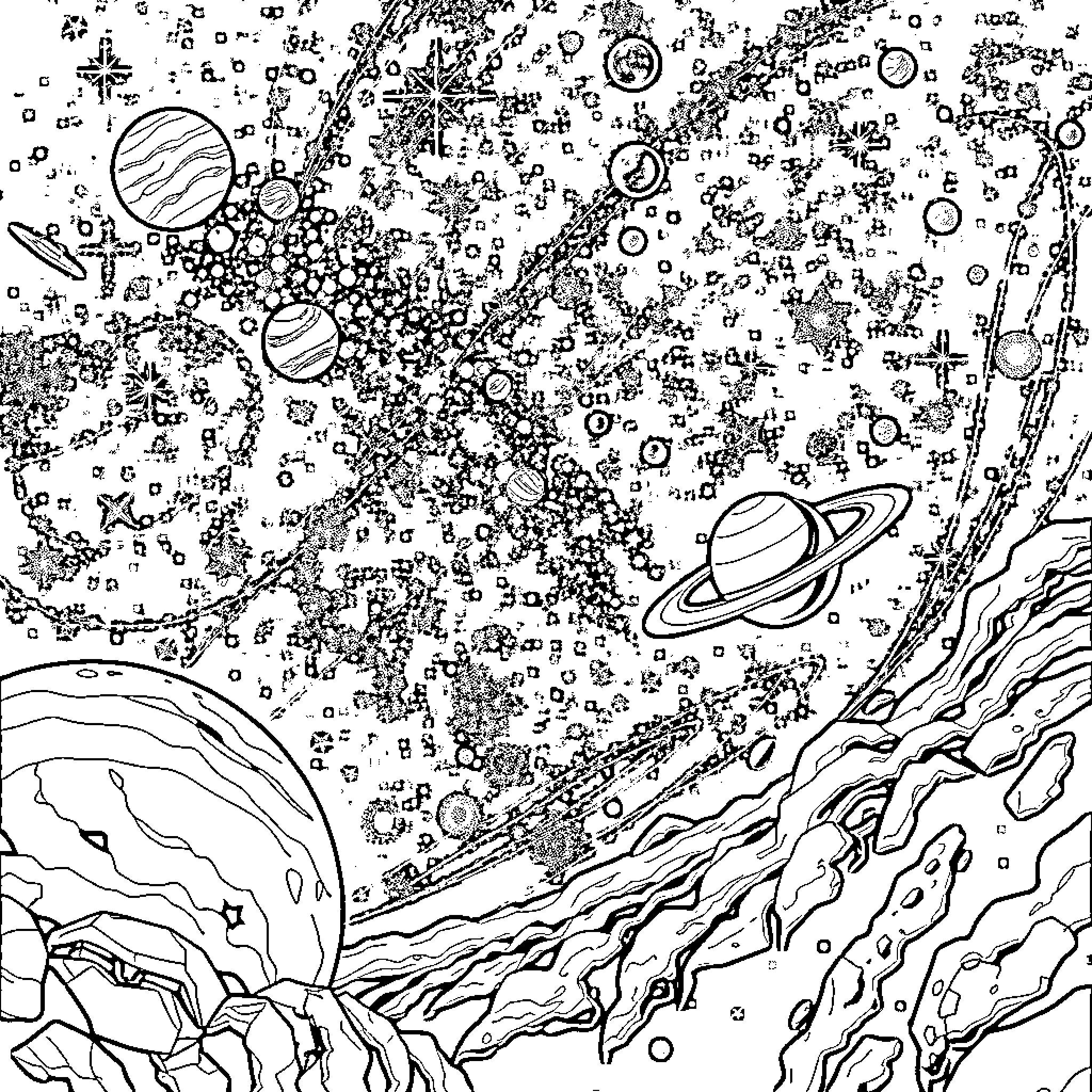 Space with Celestial Objects and Cosmic Landscape Coloring Page (free black-and-white line drawing printable PDF for all, from beginners to advanced learners, including children, teens, adults, and seniors)