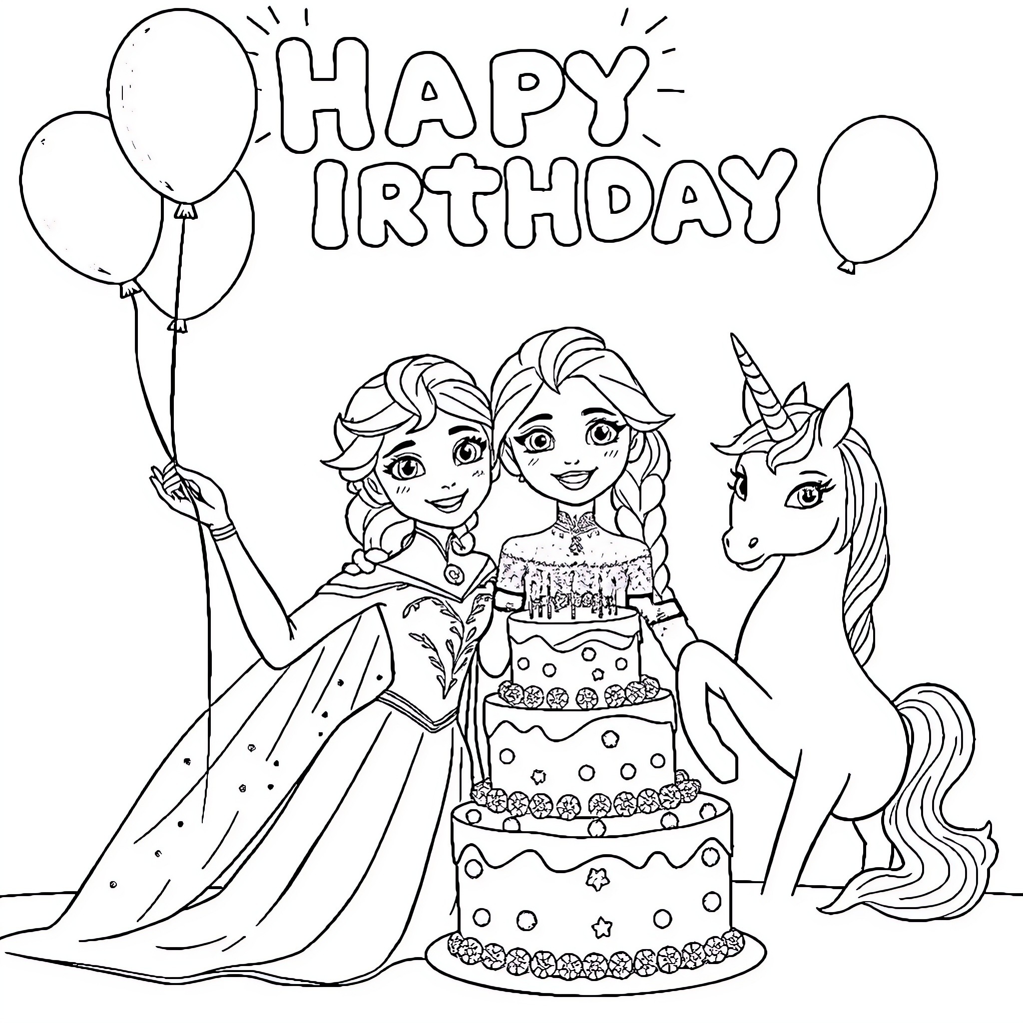Elsa and Anna celebrate birthday with unicorn Coloring Page (free black-and-white line drawing printable PDF for all, from beginners to advanced learners, including children, teens, adults, and seniors)