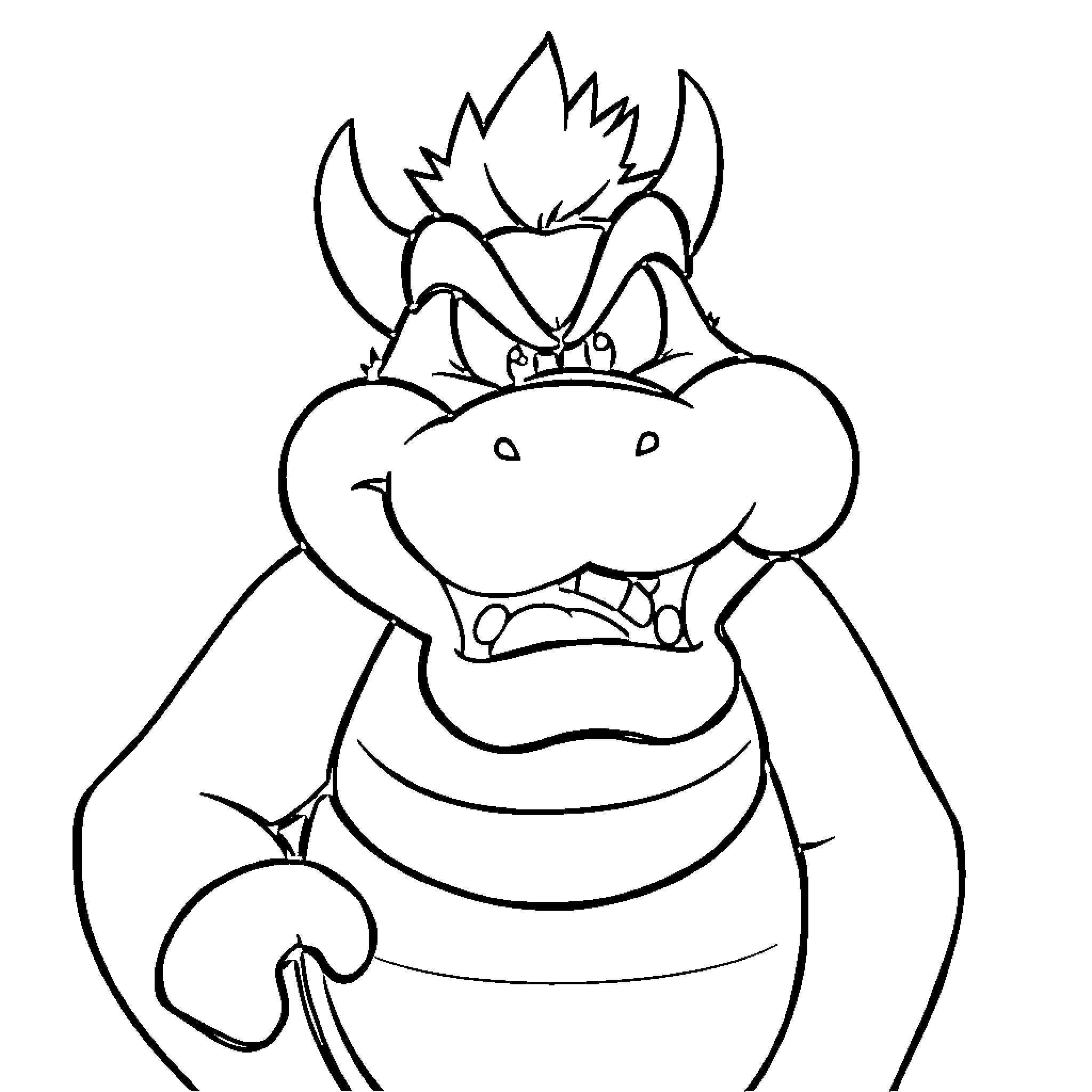 Bowser's Menacing Grin Coloring Page (free black-and-white line drawing printable PDF for all, from beginners to advanced learners, including children, teens, adults, and seniors)