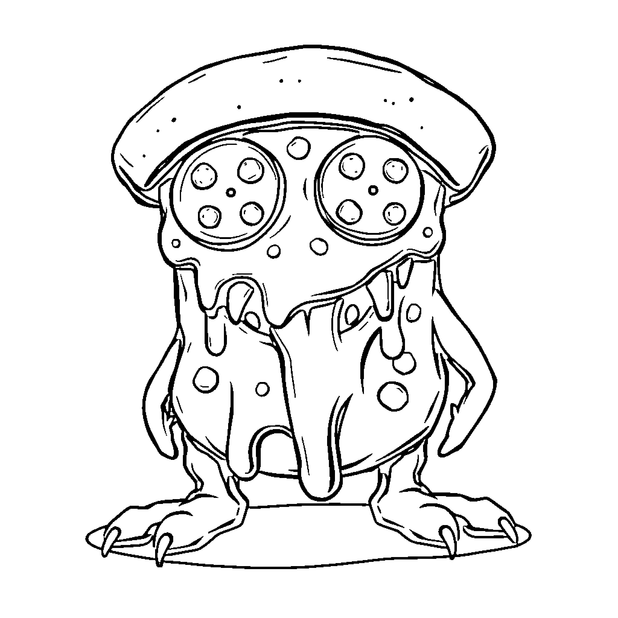Pizza Monster devouring spotted treats Coloring Page (free black-and-white line drawing printable PDF for all, from beginners to advanced learners, including children, teens, adults, and seniors)