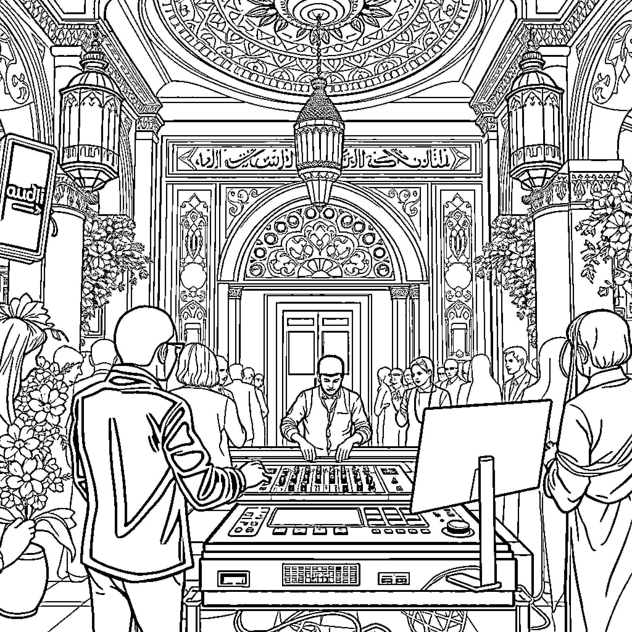 DJ Performing at Ornate Islamic Mosque Event Coloring Page (free black-and-white line drawing printable PDF for all, from beginners to advanced learners, including children, teens, adults, and seniors)