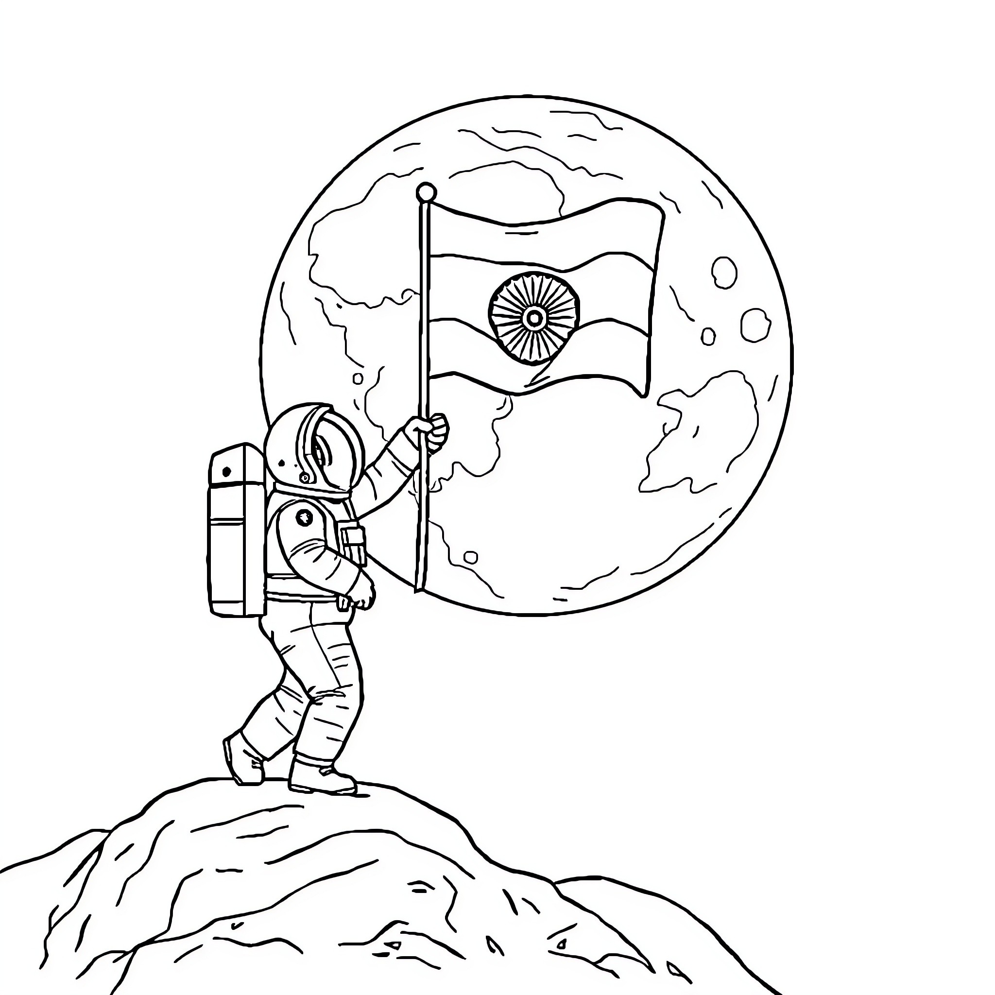 Flag-bearing astronaut exploring extraterrestrial landscape Coloring Page (free black-and-white line drawing printable PDF for all, from beginners to advanced learners, including children, teens, adults, and seniors)