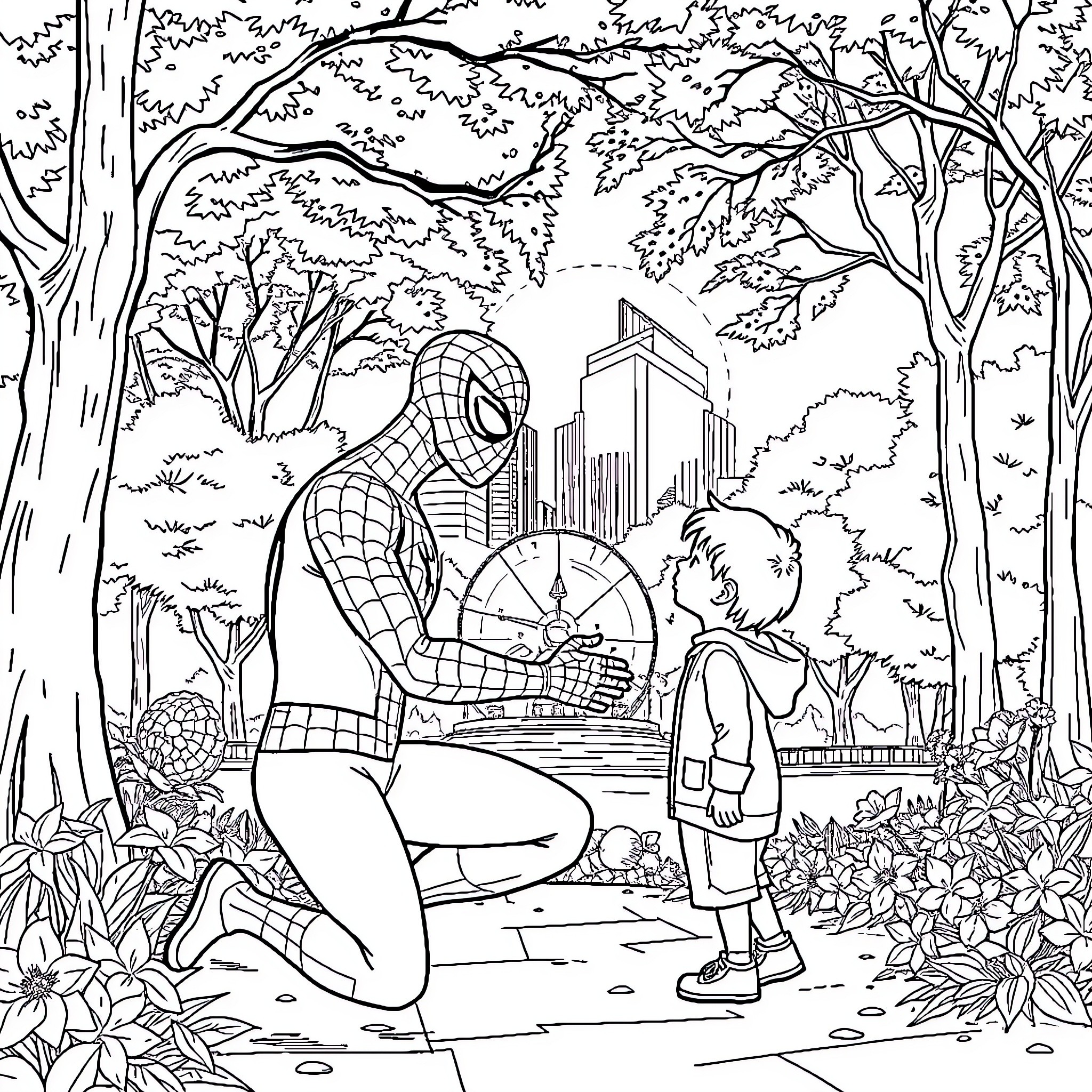 Spiderman interacting with a young boy in a forest setting Coloring Page (free black-and-white line drawing printable PDF for all, from beginners to advanced learners, including children, teens, adults, and seniors)
