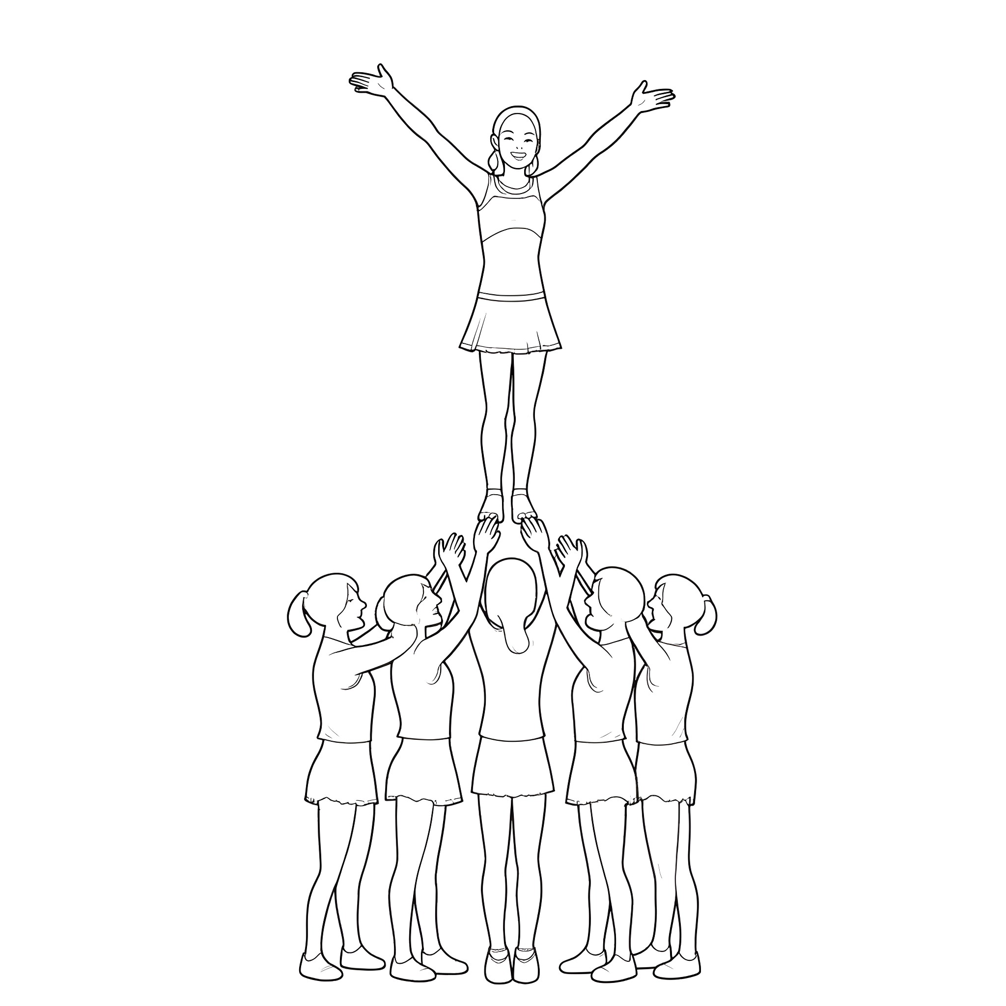 Cheerleader performing acrobatic stunt with teammates Coloring Page (free black-and-white line drawing printable PDF for all, from beginners to advanced learners, including children, teens, adults, and seniors)