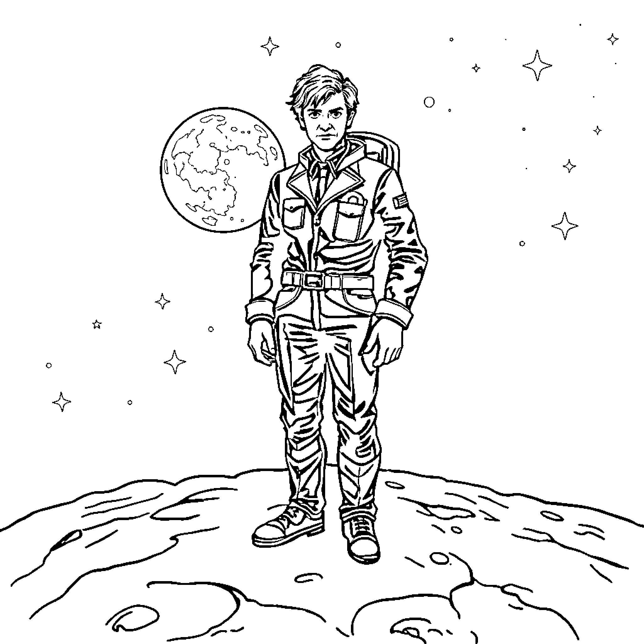 Doctor Who Exploring Alien Worlds in Space Suit Coloring Page (free black-and-white line drawing printable PDF for all, from beginners to advanced learners, including children, teens, adults, and seniors)