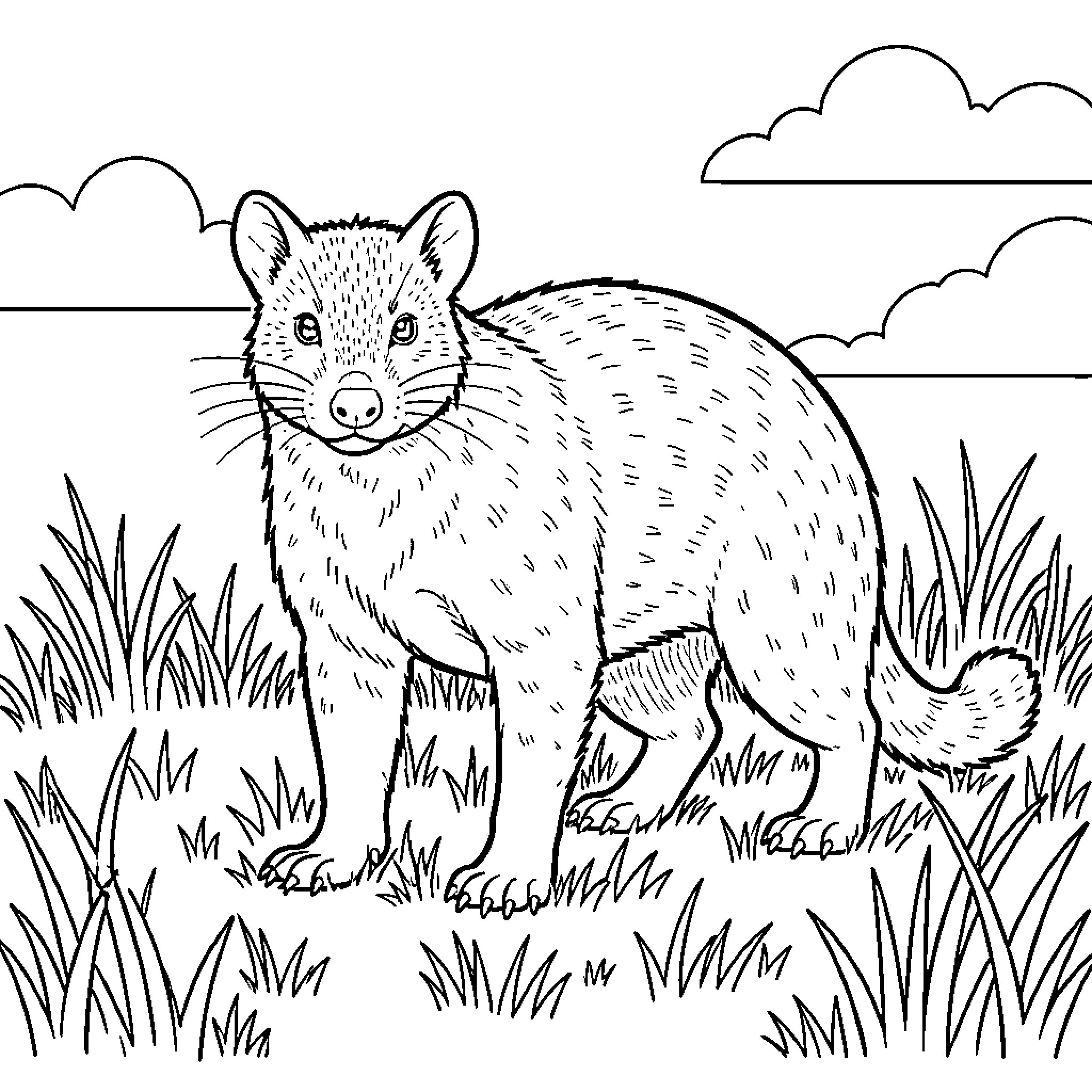 Ratel standing alertly in a grassy field Coloring Page (free black-and-white line drawing printable PDF for all, from beginners to advanced learners, including children, teens, adults, and seniors)