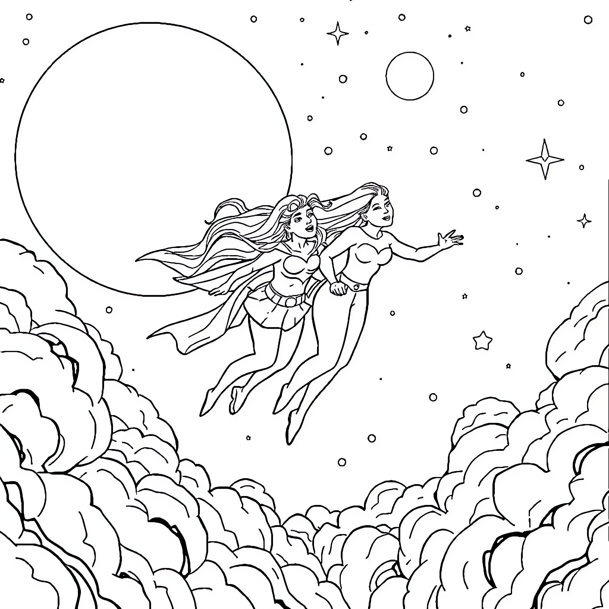 Powerpuff Girls flying through the starry night sky Coloring Page (free black-and-white line drawing printable PDF for all, from beginners to advanced learners, including children, teens, adults, and seniors)