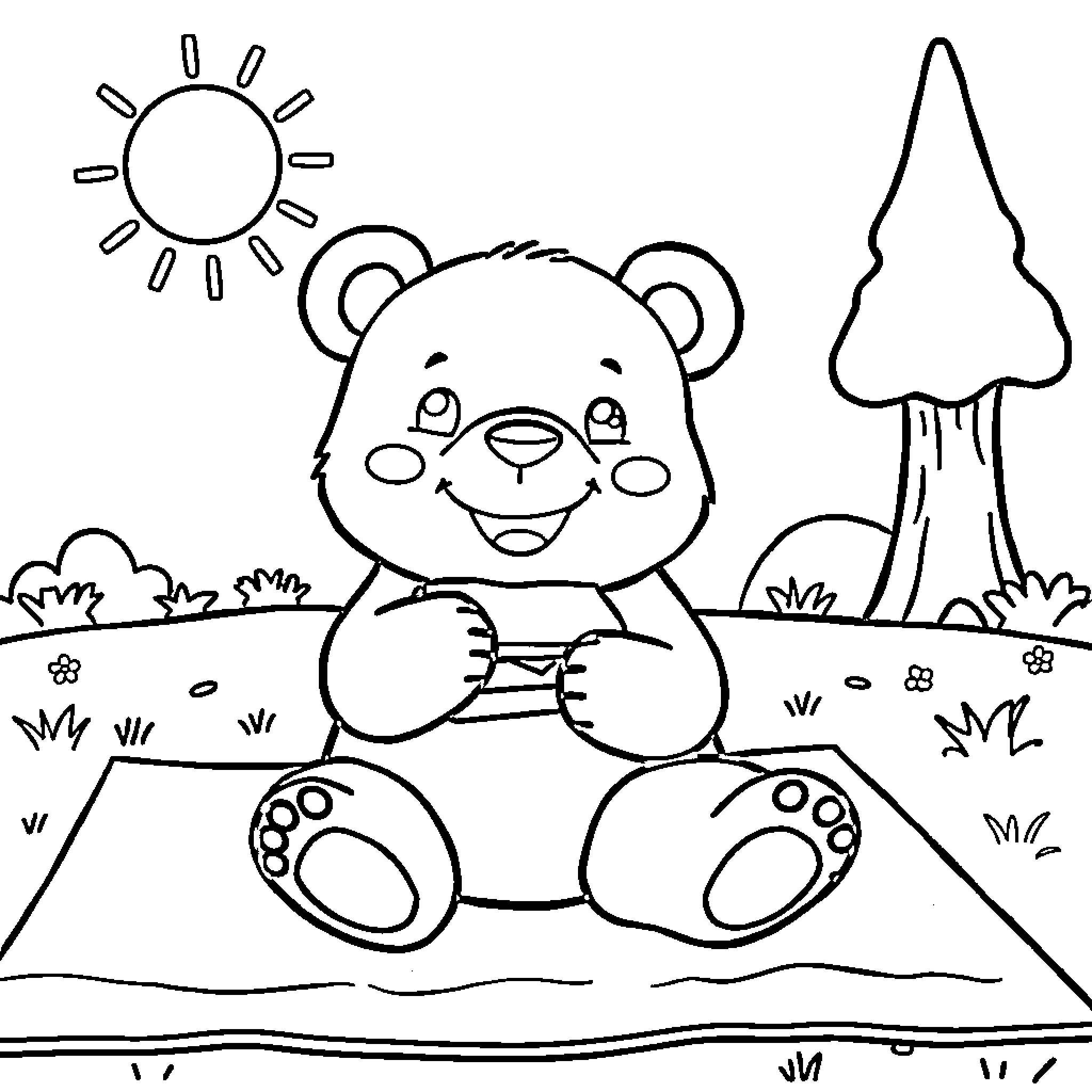 Bear relaxing in nature scene Coloring Page (free black-and-white line drawing printable PDF for all, from beginners to advanced learners, including children, teens, adults, and seniors)