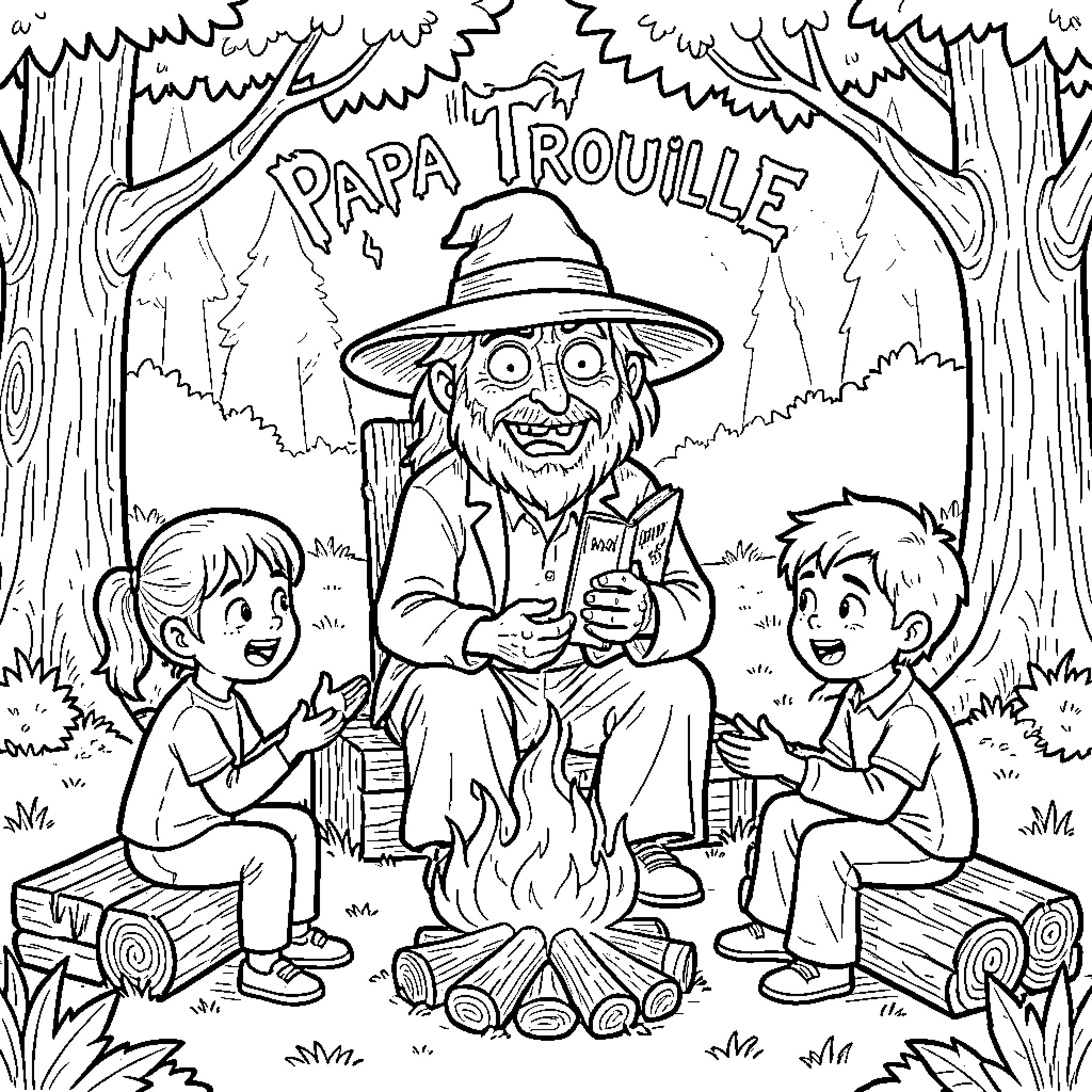Papa Trouille telling stories around a campfire Coloring Page (free black-and-white line drawing printable PDF for all, from beginners to advanced learners, including children, teens, adults, and seniors)
