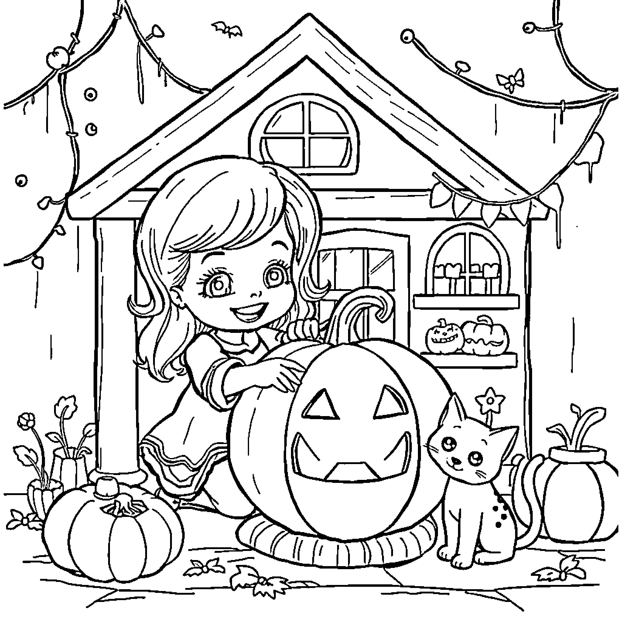 Dollhouse with girl and Halloween decorations Coloring Page (free black-and-white line drawing printable PDF for all, from beginners to advanced learners, including children, teens, adults, and seniors)