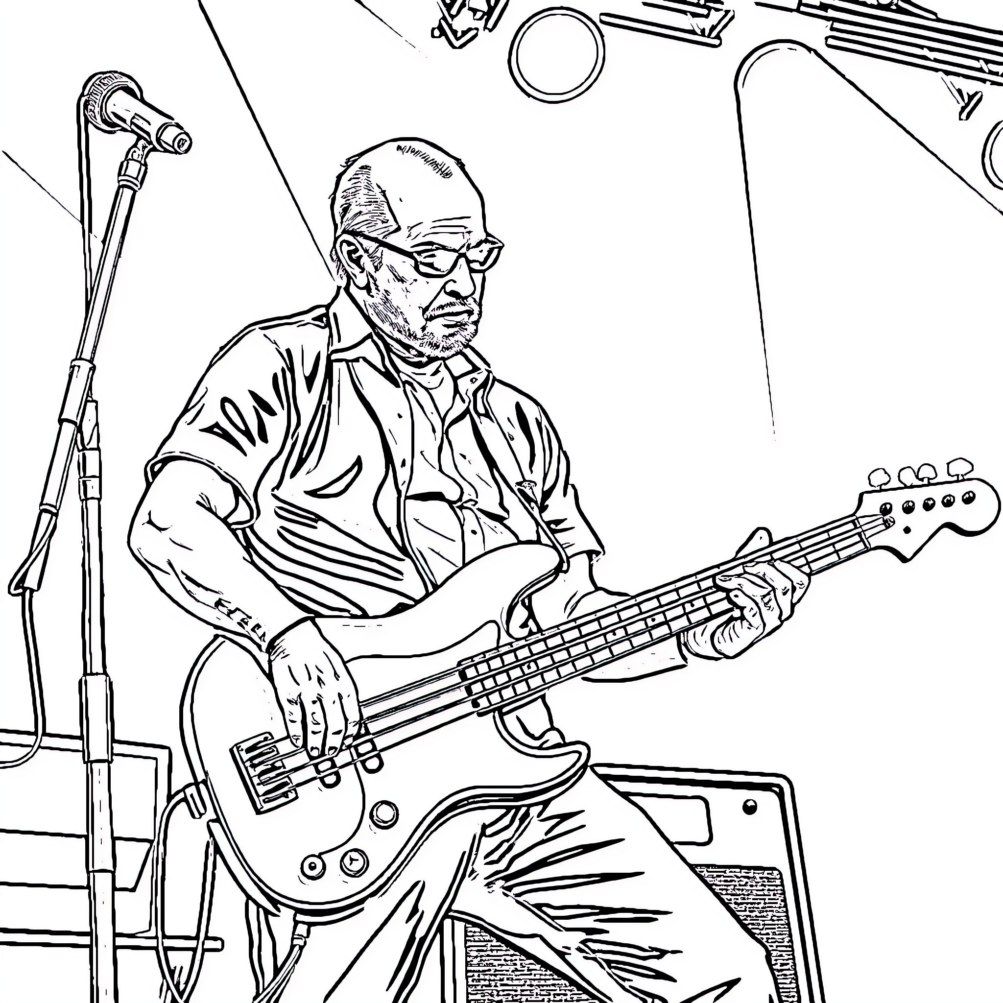 Bass player performing on stage Coloring Page (free black-and-white line drawing printable PDF for all, from beginners to advanced learners, including children, teens, adults, and seniors)