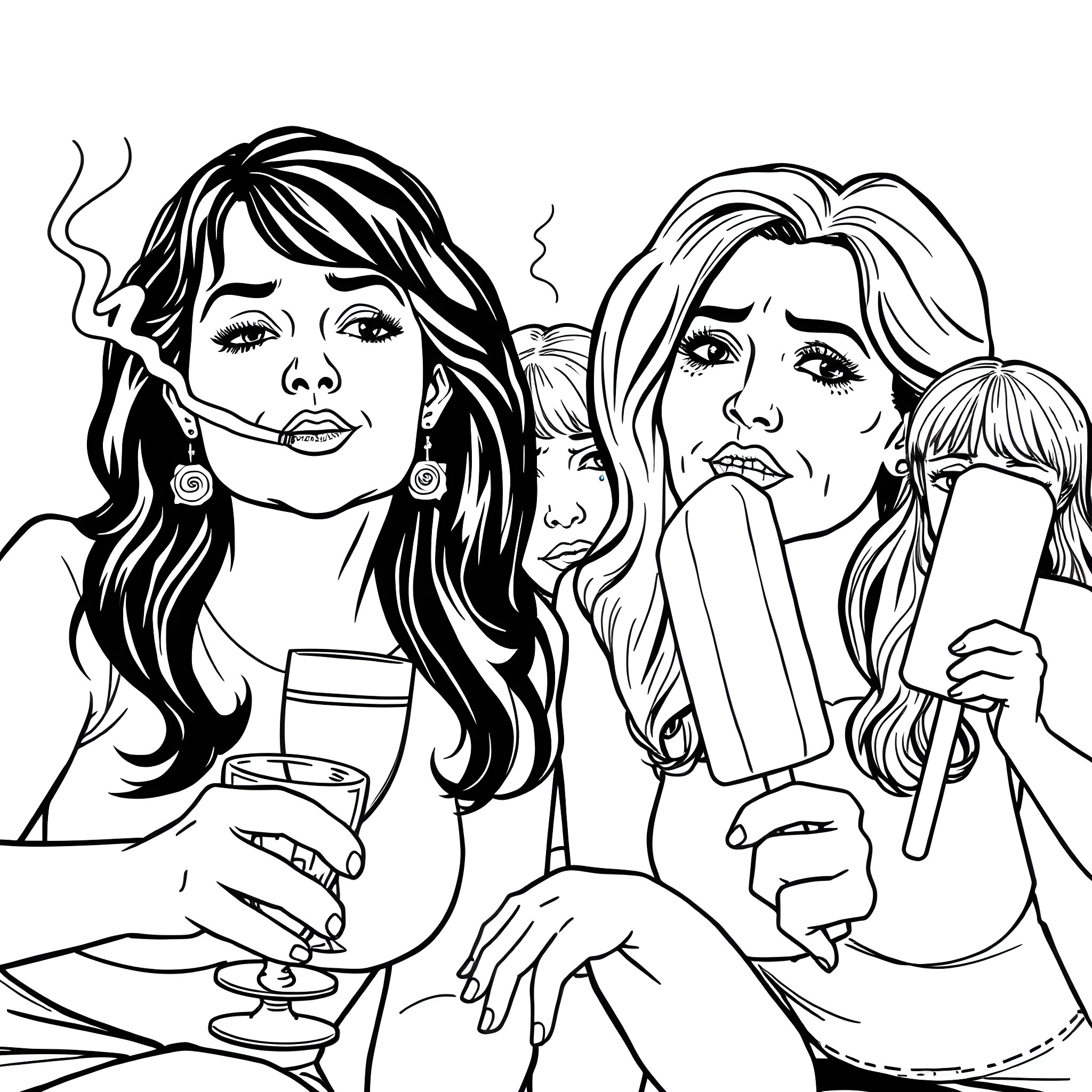 Kath & Kim enjoying drinks and gossip Coloring Page (free black-and-white line drawing printable PDF for all, from beginners to advanced learners, including children, teens, adults, and seniors)