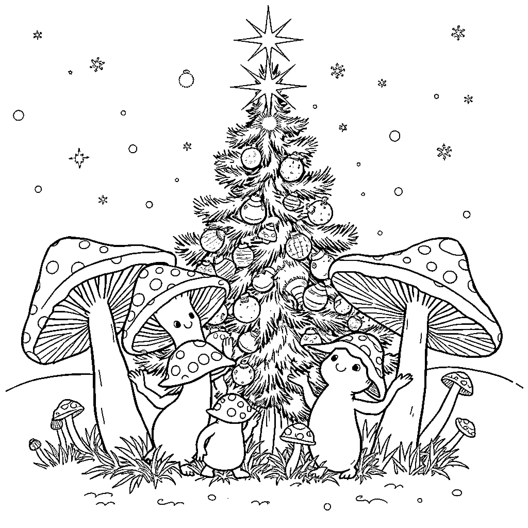 Mushroom Christmas Tree with Whimsical Creatures Coloring Page (free black-and-white line drawing printable PDF for all, from beginners to advanced learners, including children, teens, adults, and seniors)