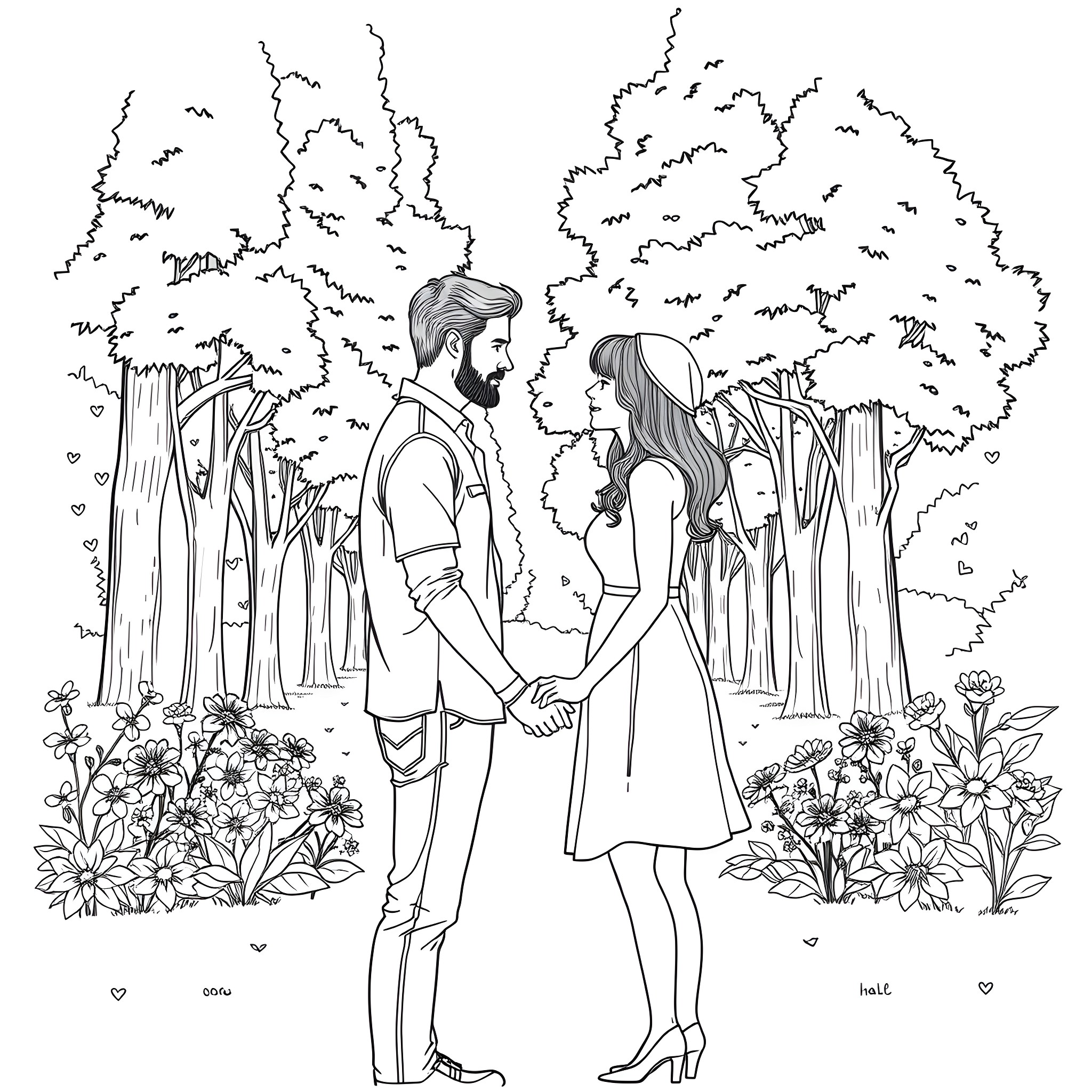 Jared Padalecki couple in romantic forest setting Coloring Page (free black-and-white line drawing printable PDF for all, from beginners to advanced learners, including children, teens, adults, and seniors)