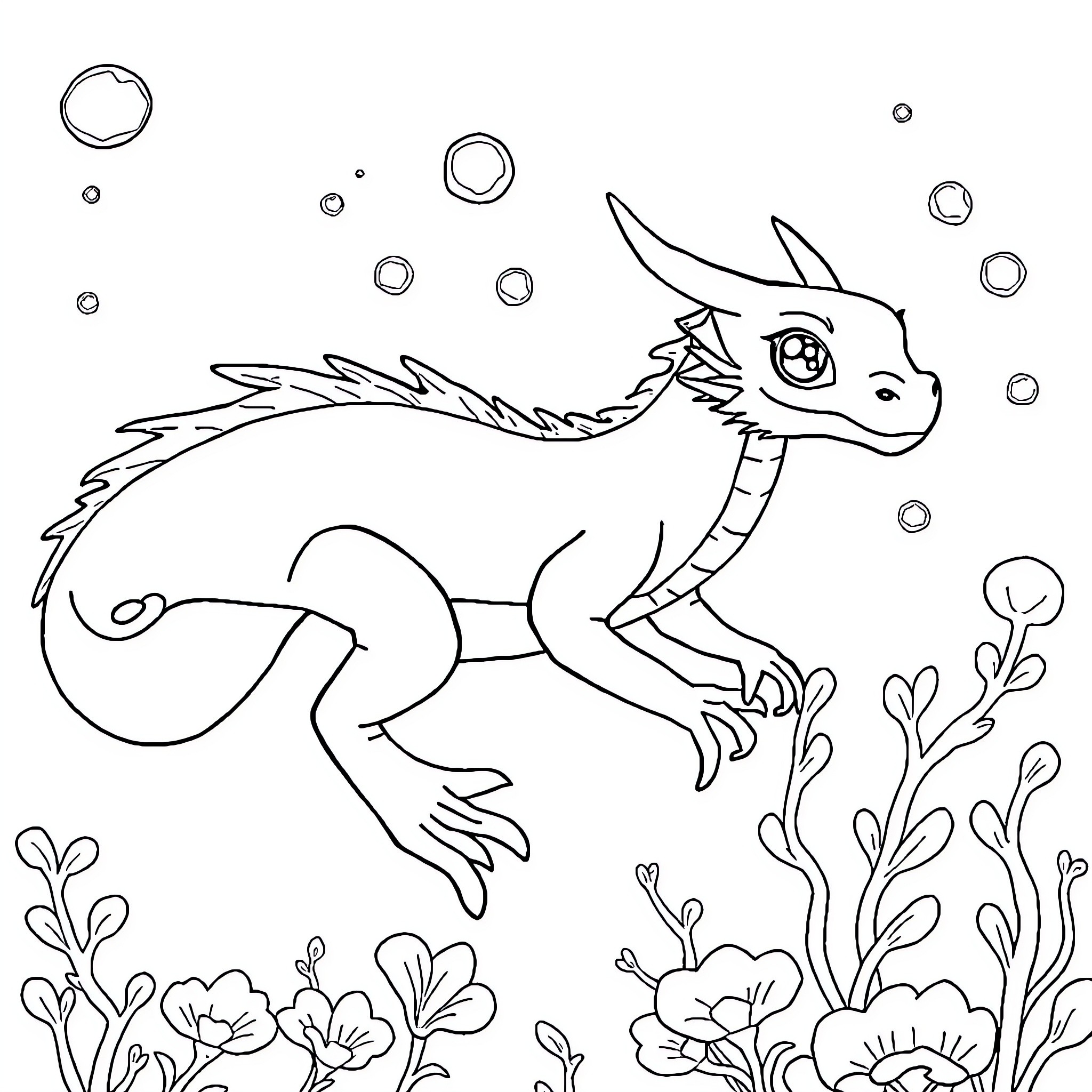 Sea Dragon swimming with marine flora and fauna Coloring Page (free black-and-white line drawing printable PDF for all, from beginners to advanced learners, including children, teens, adults, and seniors)
