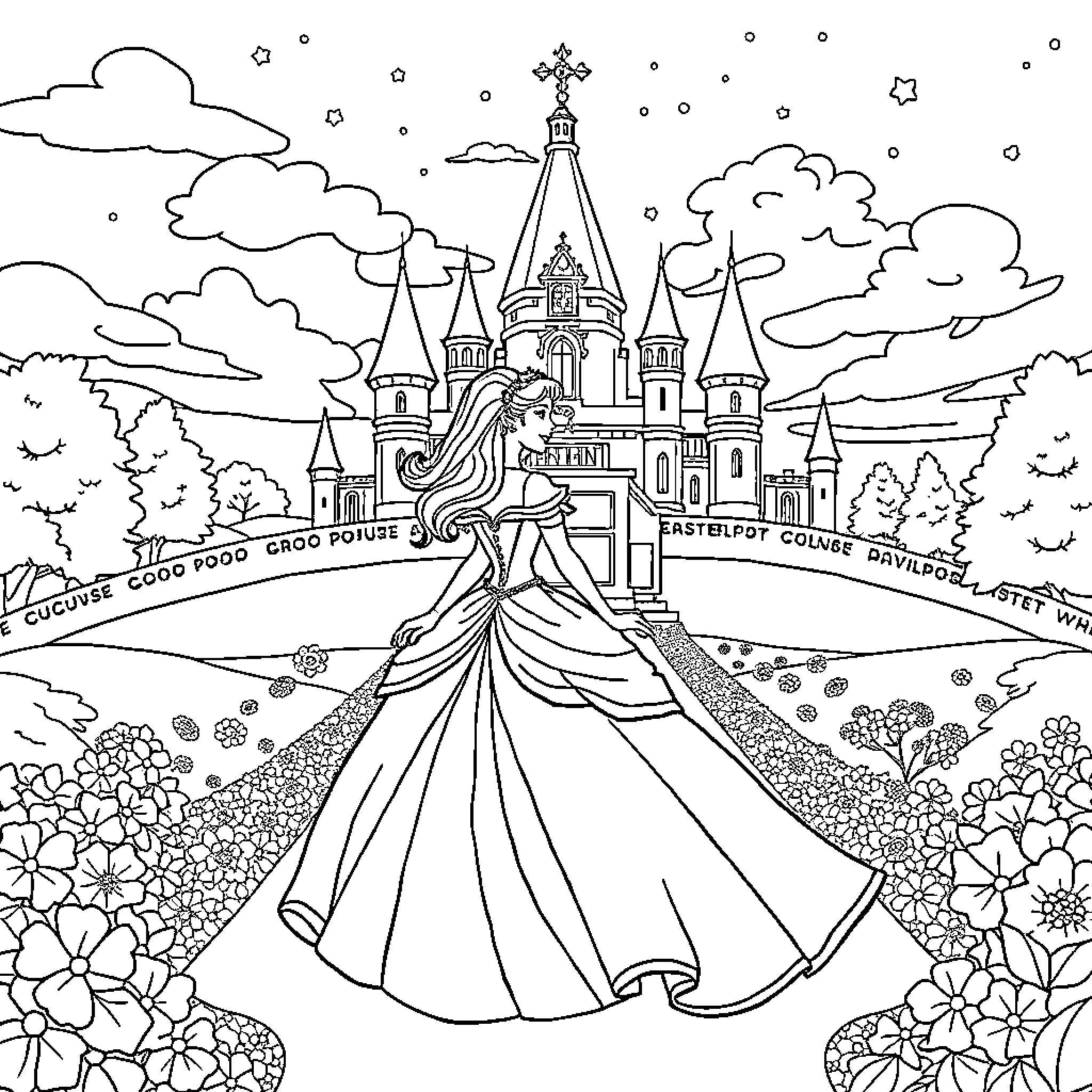 Princess walking towards enchanted castle in a garden Coloring Page (free black-and-white line drawing printable PDF for all, from beginners to advanced learners, including children, teens, adults, and seniors)
