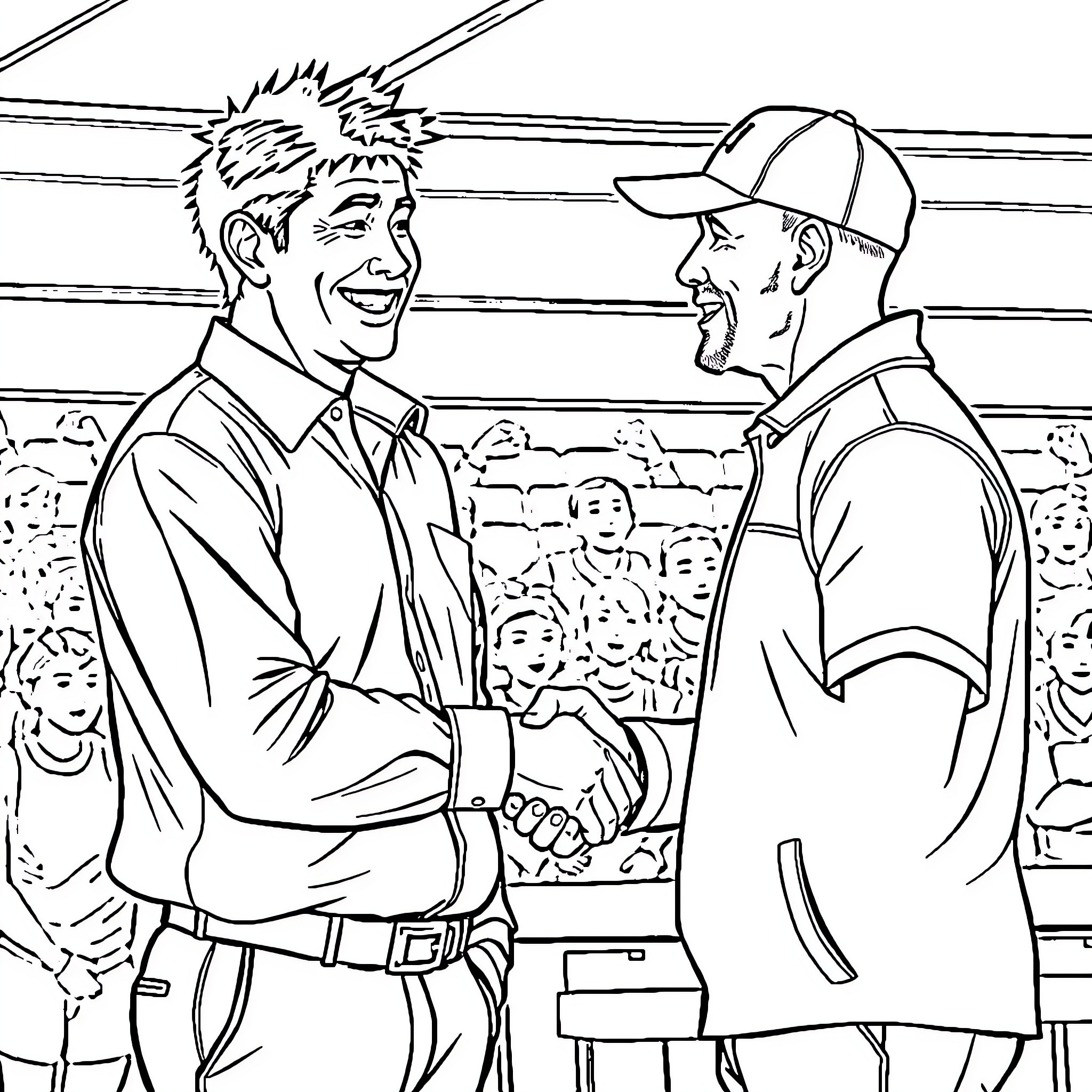Teacher congratulating student after competition Coloring Page (free black-and-white line drawing printable PDF for all, from beginners to advanced learners, including children, teens, adults, and seniors)