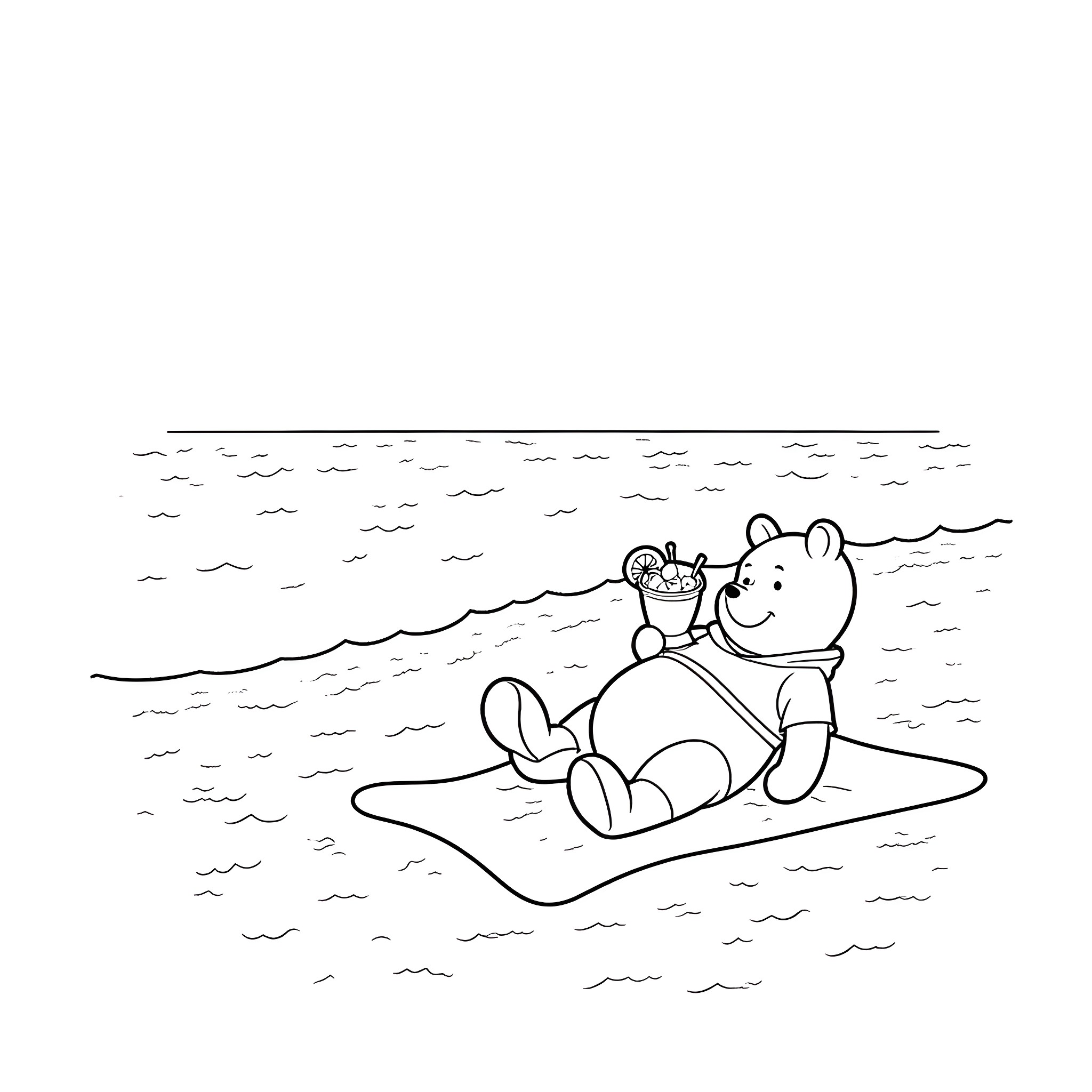 Winnie The Pooh relaxing on the beach Coloring Page (free black-and-white line drawing printable PDF for all, from beginners to advanced learners, including children, teens, adults, and seniors)