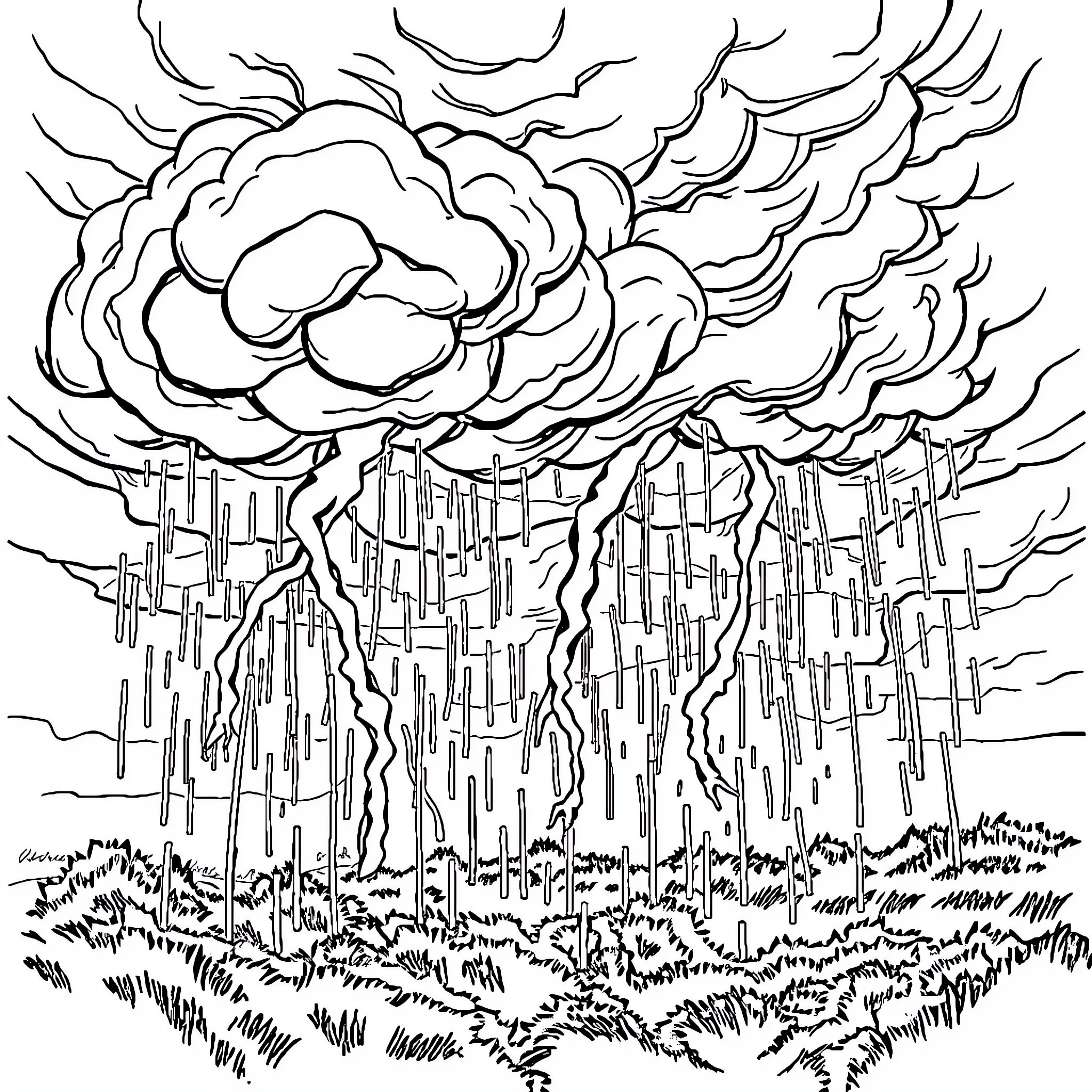 Storm clouds over a cityscape Coloring Page (free black-and-white line drawing printable PDF for all, from beginners to advanced learners, including children, teens, adults, and seniors)