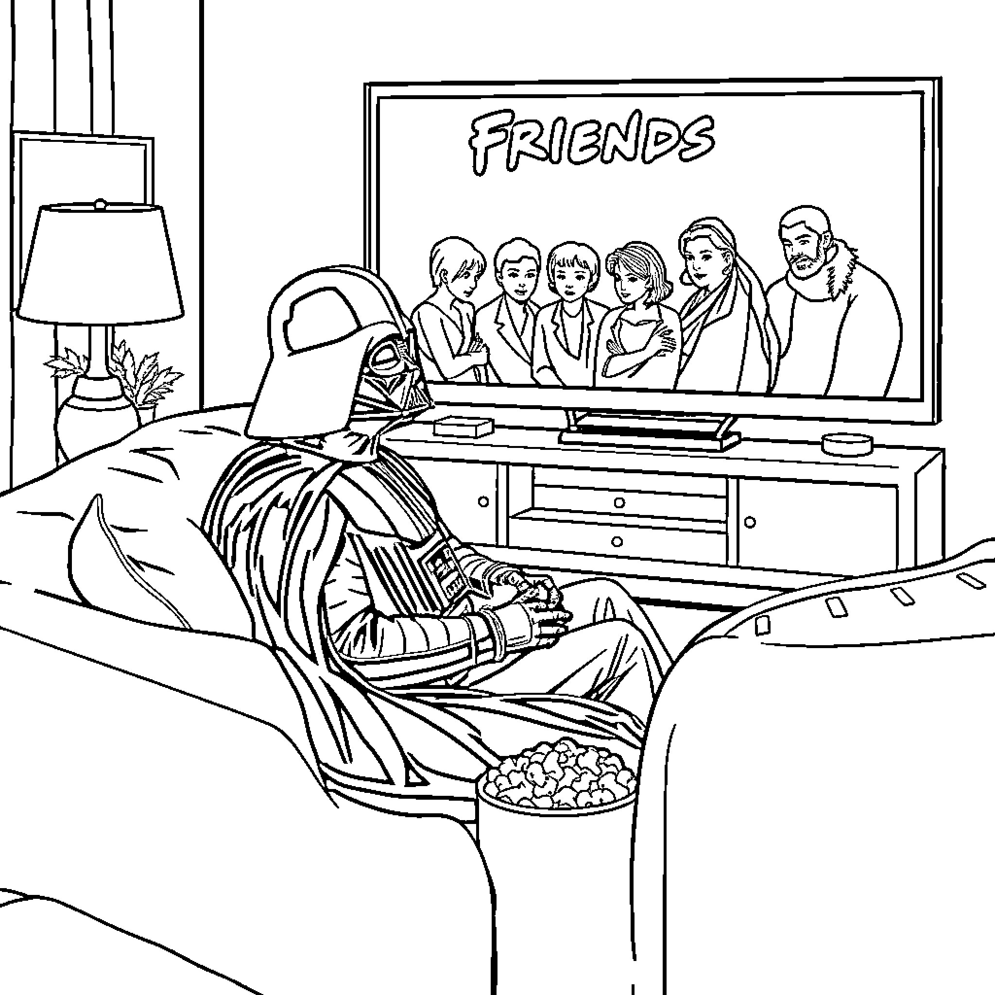 Darth Vader watching TV with friends Coloring Page (free black-and-white line drawing printable PDF for all, from beginners to advanced learners, including children, teens, adults, and seniors)