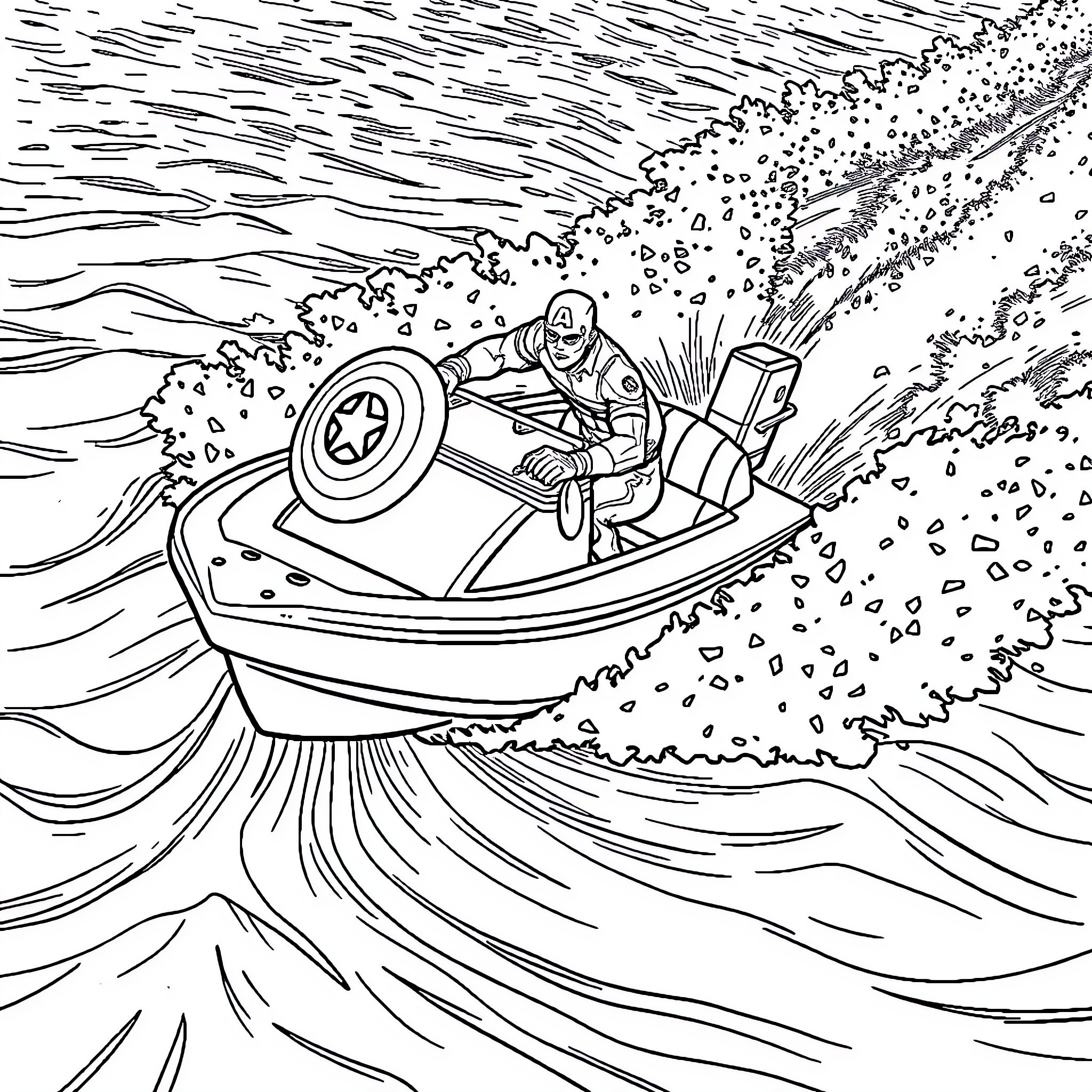 Captain America soaring through the sky in a futuristic vehicle Coloring Page (free black-and-white line drawing printable PDF for all, from beginners to advanced learners, including children, teens, adults, and seniors)