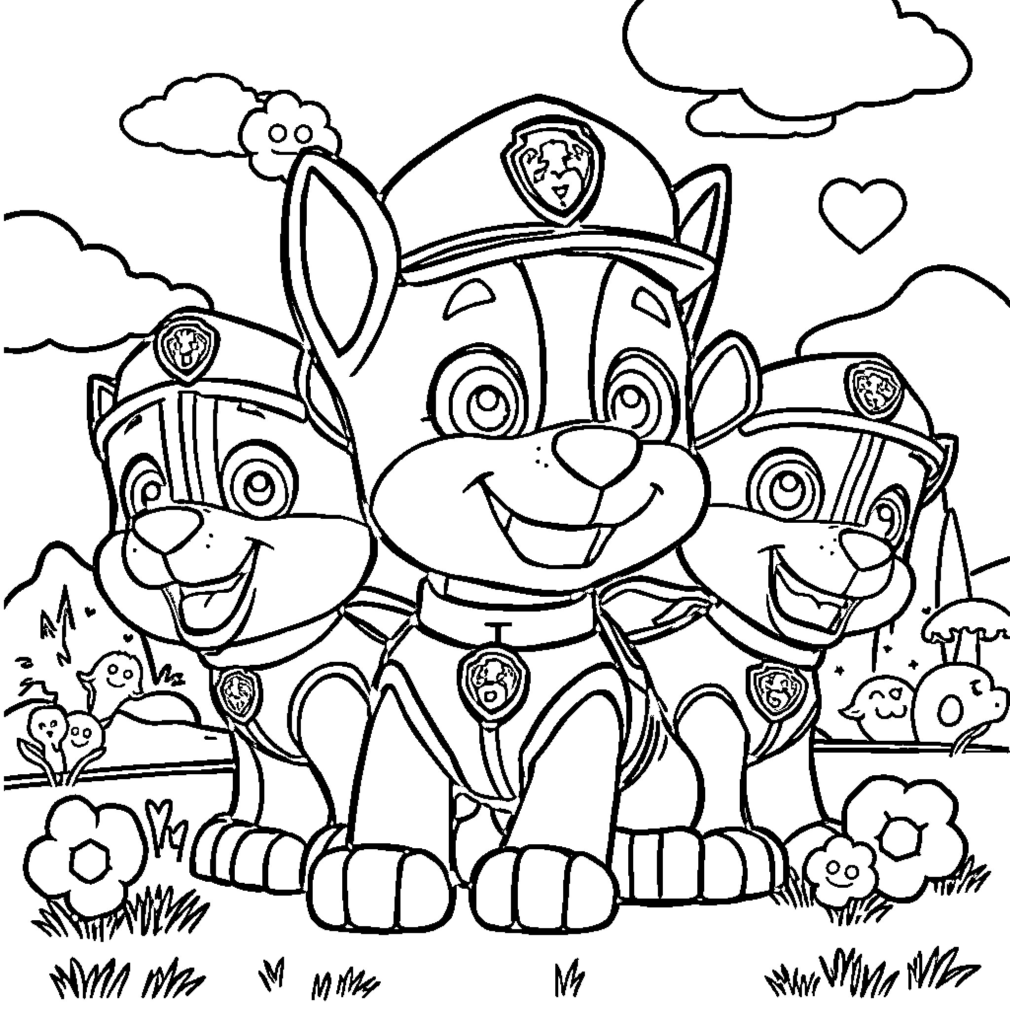 Paw Patrol characters in playful outdoor scene Coloring Page (free black-and-white line drawing printable PDF for all, from beginners to advanced learners, including children, teens, adults, and seniors)