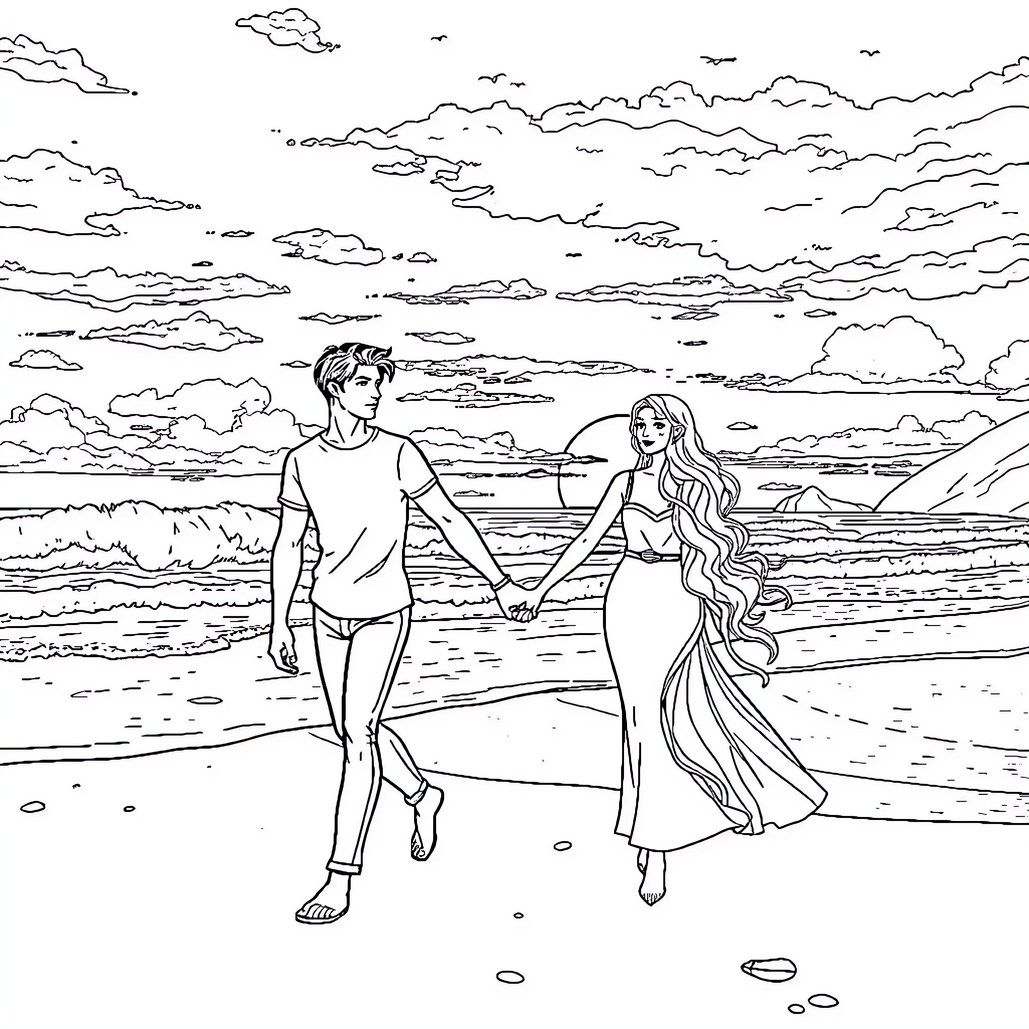 Rhysand and Feyre walking on the beach Coloring Page (free black-and-white line drawing printable PDF for all, from beginners to advanced learners, including children, teens, adults, and seniors)