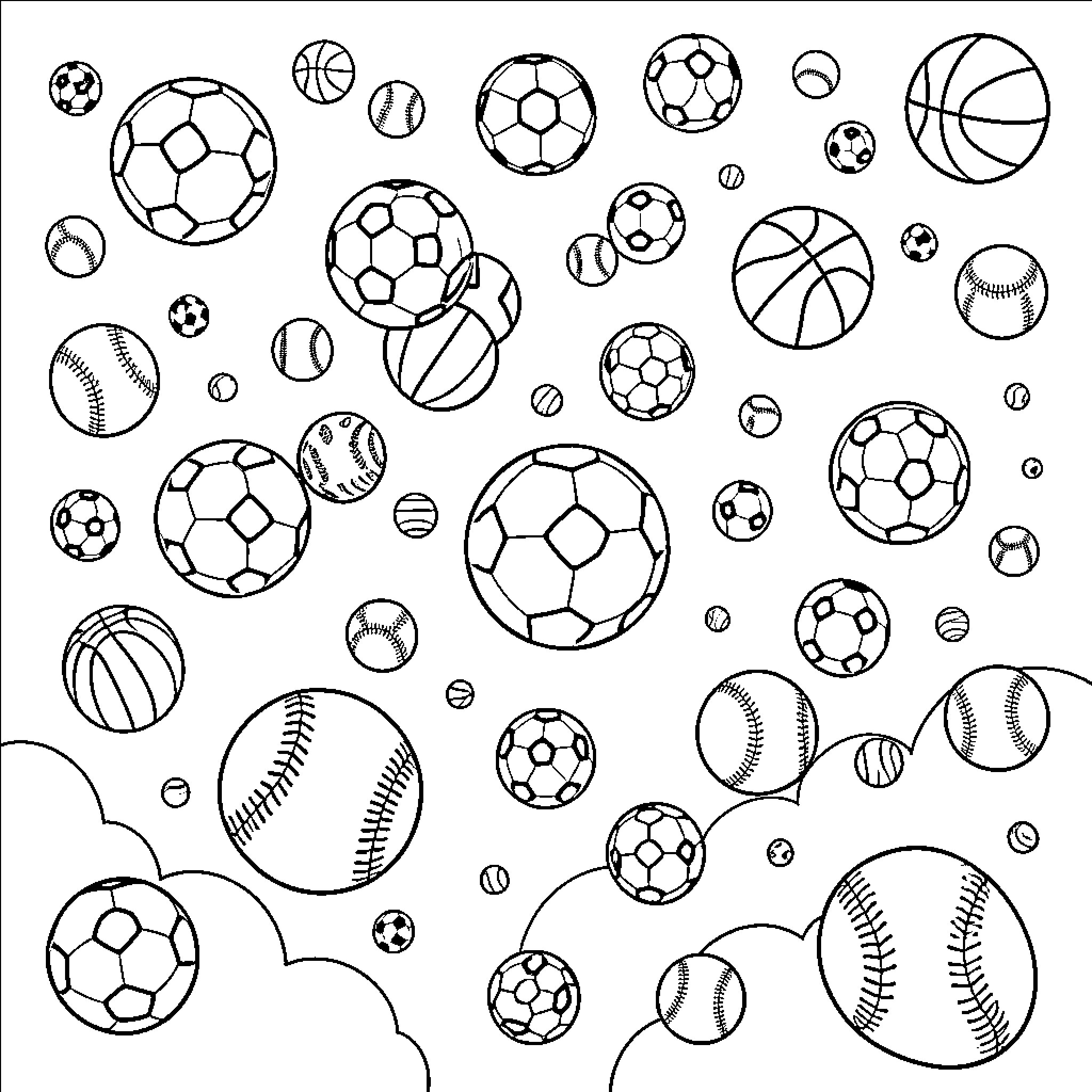 Ball shapes and sports equipment patterns Coloring Page (free black-and-white line drawing printable PDF for all, from beginners to advanced learners, including children, teens, adults, and seniors)