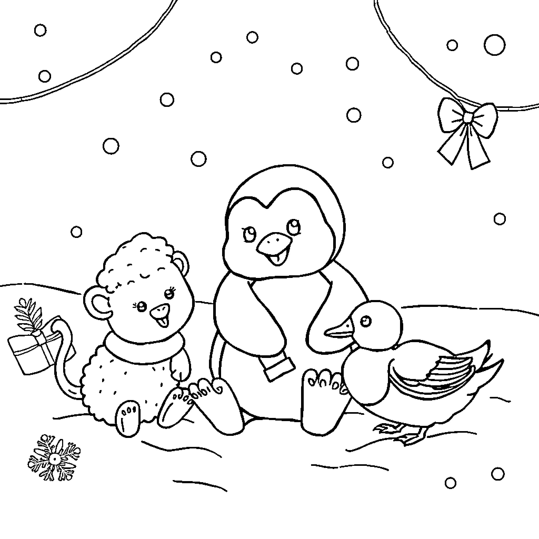 Penguins enjoying a snowy day with friends Coloring Page (free black-and-white line drawing printable PDF for all, from beginners to advanced learners, including children, teens, adults, and seniors)