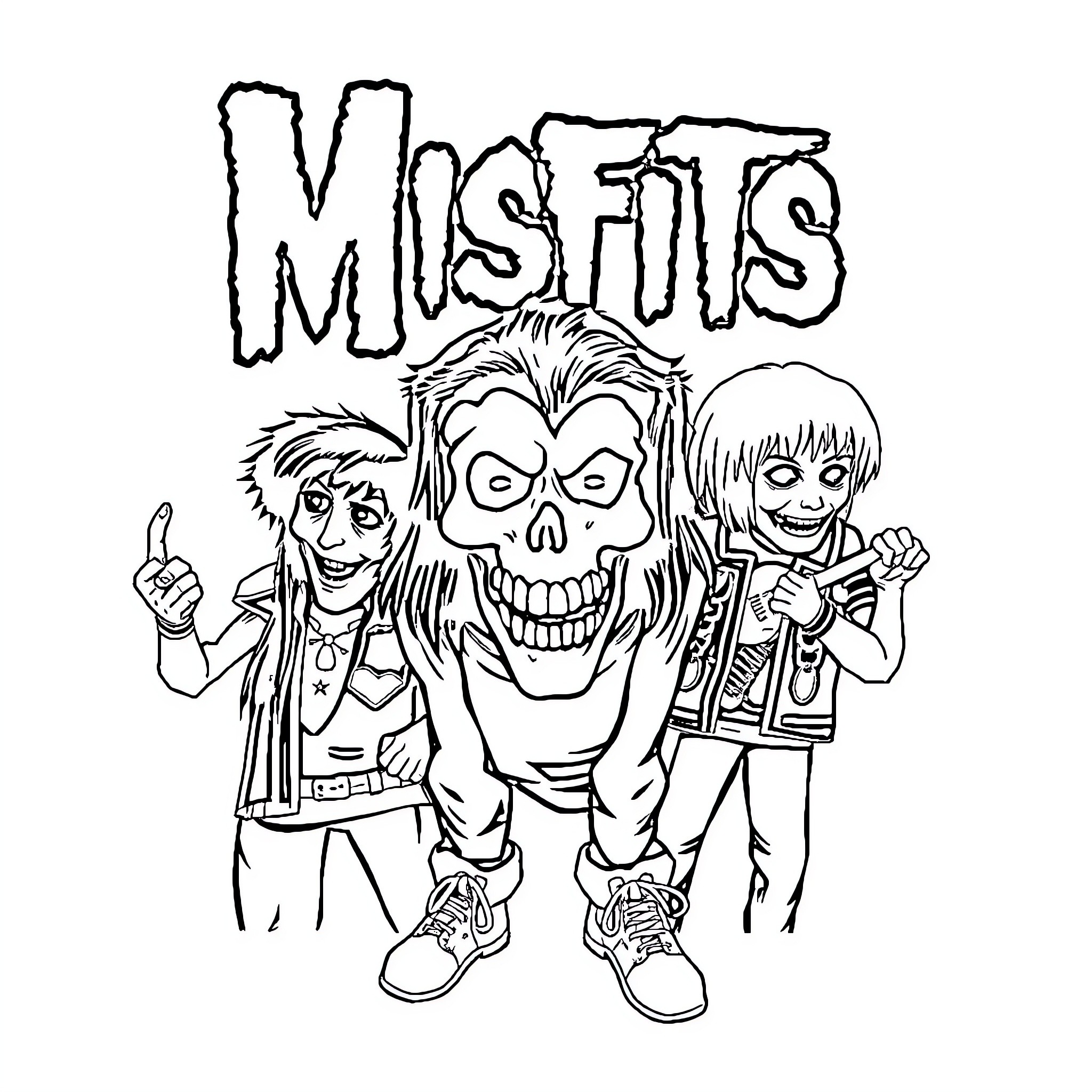 Misfits with Eccentric Expressions and Outfits Coloring Page (free black-and-white line drawing printable PDF for all, from beginners to advanced learners, including children, teens, adults, and seniors)