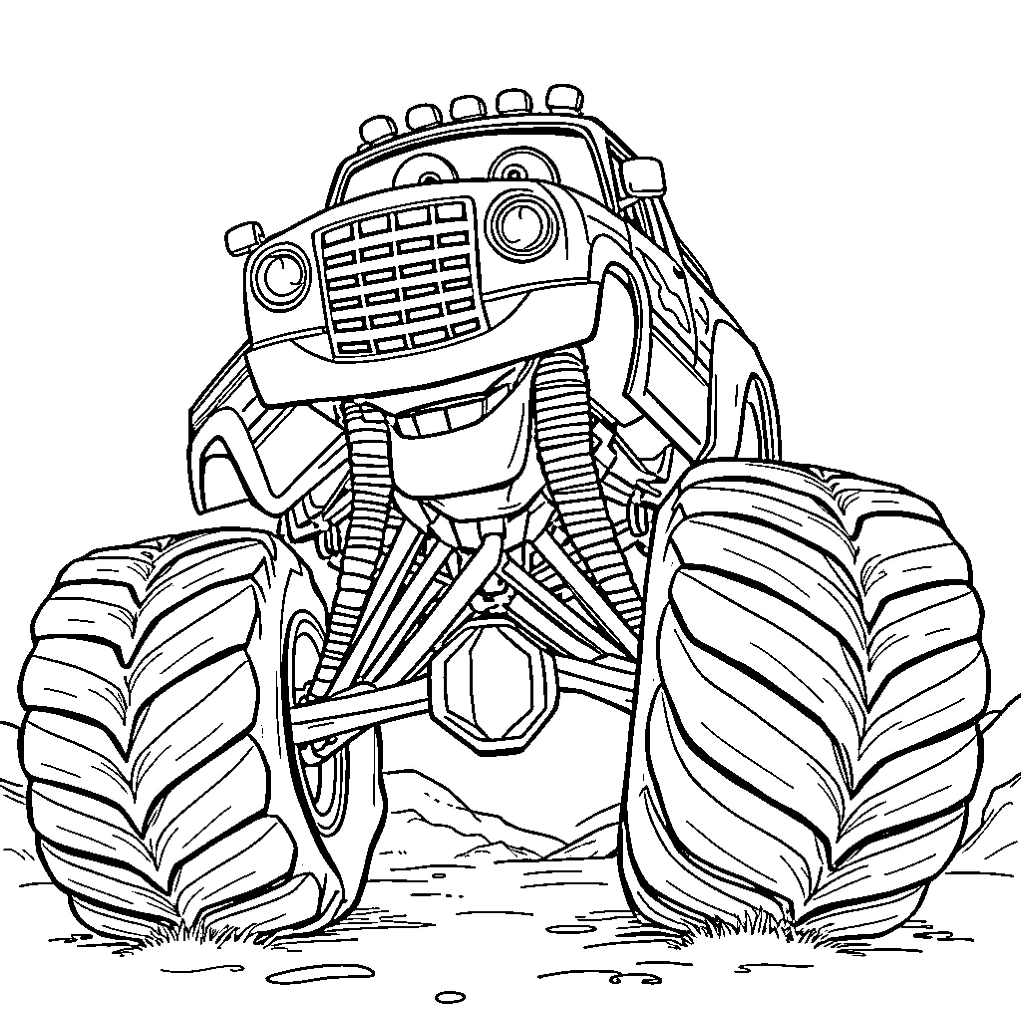 Monster Truck Performing Impressive Stunts on Rugged Terrain Coloring Page (free black-and-white line drawing printable PDF for all, from beginners to advanced learners, including children, teens, adults, and seniors)