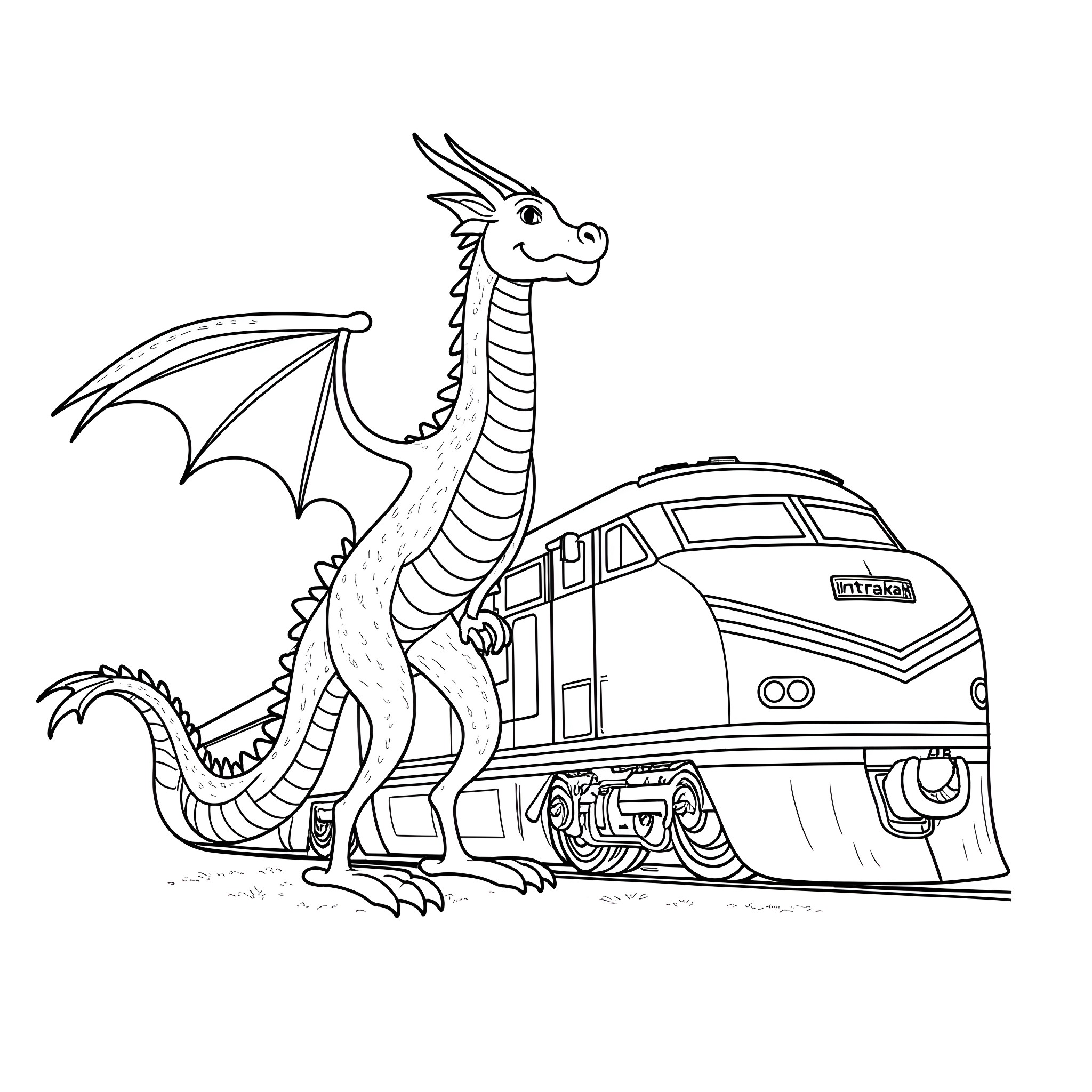 Dragon hitching a ride on the train Coloring Page (free black-and-white line drawing printable PDF for all, from beginners to advanced learners, including children, teens, adults, and seniors)