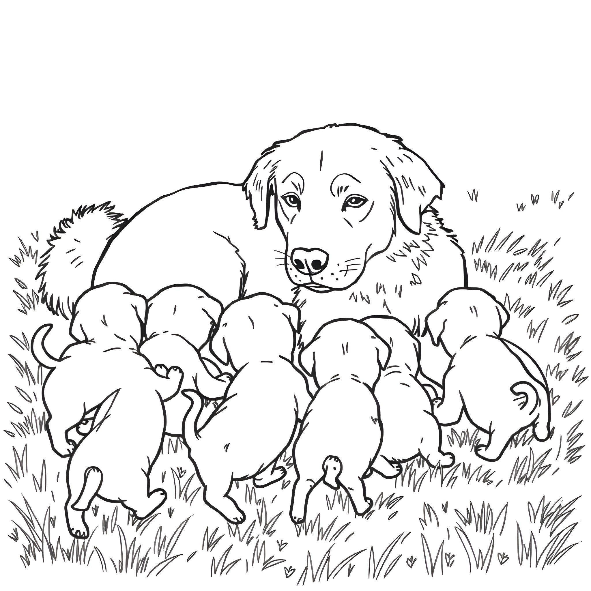 Dog and Puppies Playing in the Grass Coloring Page (free black-and-white line drawing printable PDF for all, from beginners to advanced learners, including children, teens, adults, and seniors)