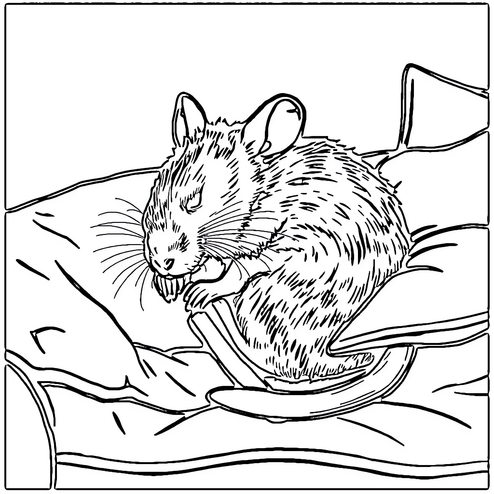 Raccoon scurrying through a wooded scene Coloring Page (free black-and-white line drawing printable PDF for all, from beginners to advanced learners, including children, teens, adults, and seniors)