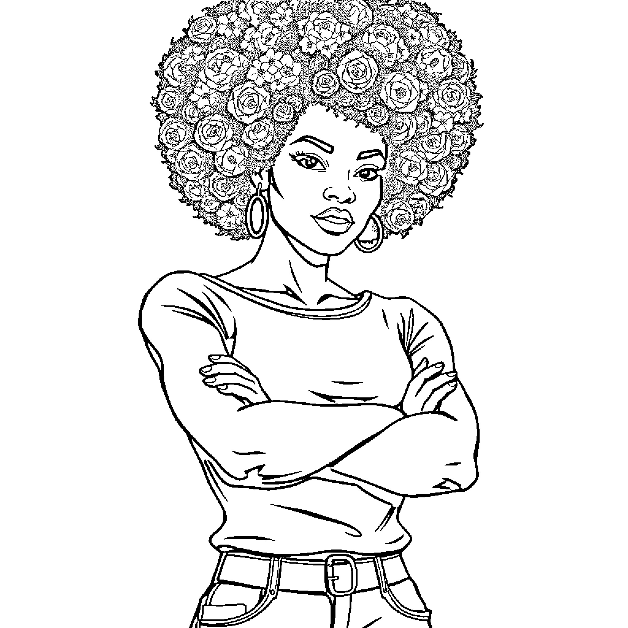 Afro Lady with Floral Crown Stands Confidently Coloring Page (free black-and-white line drawing printable PDF for all, from beginners to advanced learners, including children, teens, adults, and seniors)