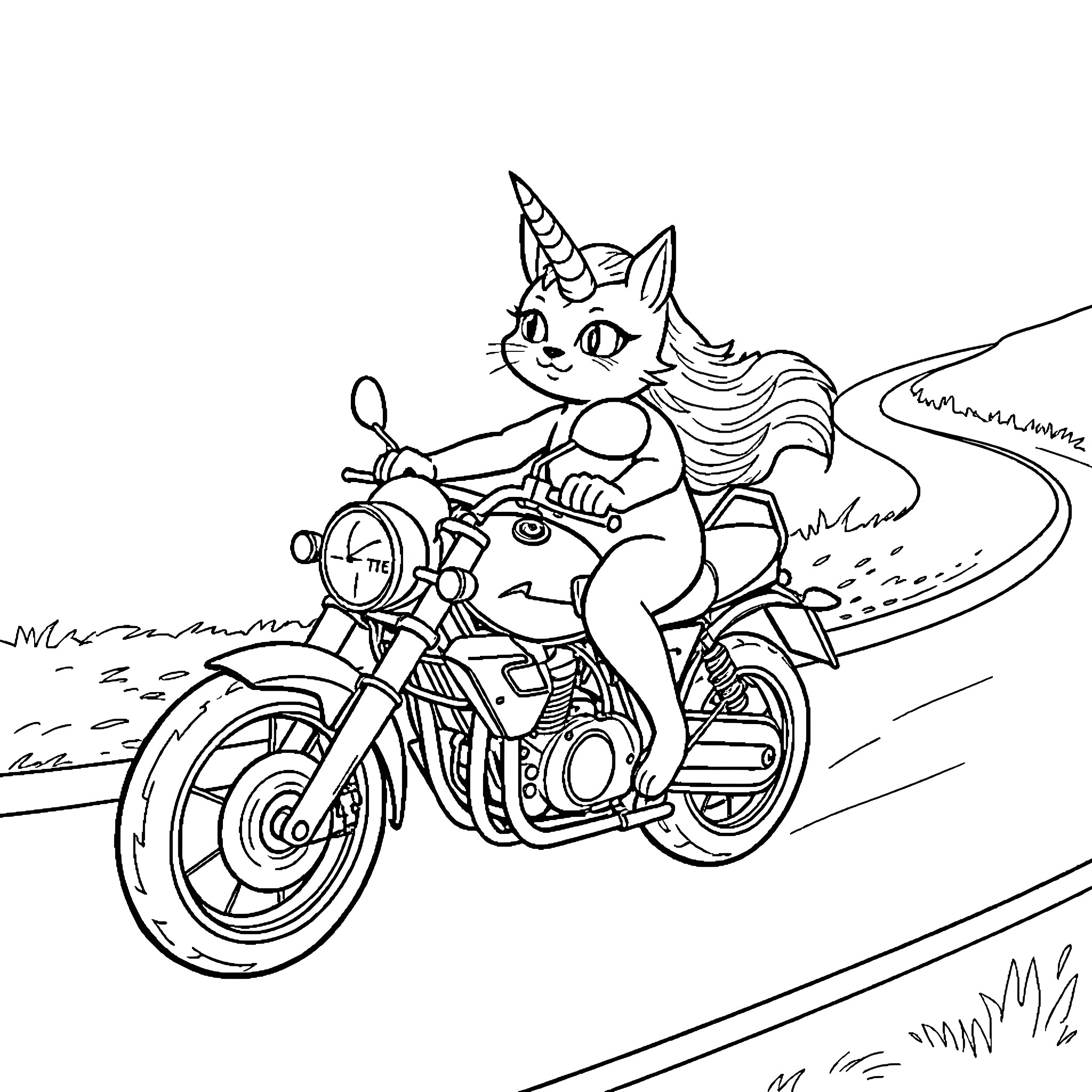 Unicorn Cat riding a motorcycle on a country road Coloring Page (free black-and-white line drawing printable PDF for all, from beginners to advanced learners, including children, teens, adults, and seniors)
