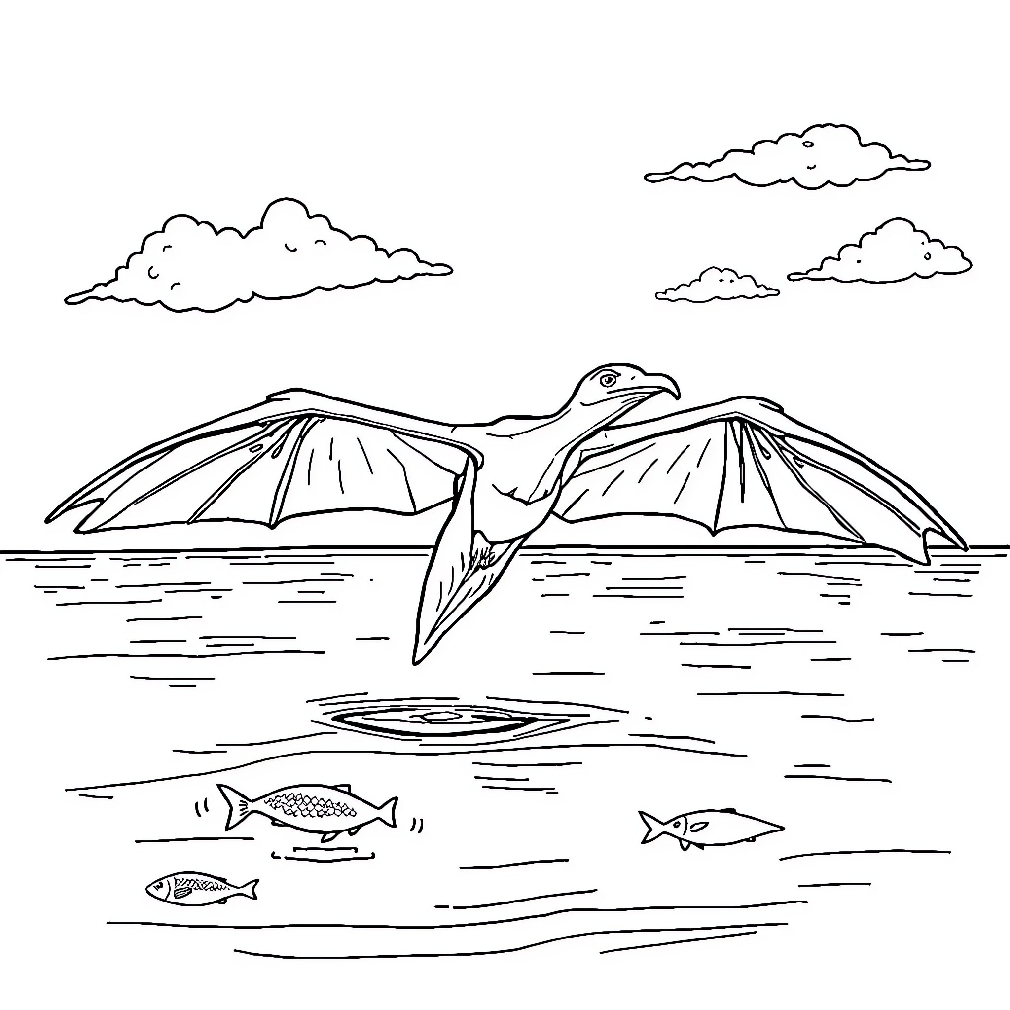 Pterosaur soaring over a tranquil water scene Coloring Page (free black-and-white line drawing printable PDF for all, from beginners to advanced learners, including children, teens, adults, and seniors)