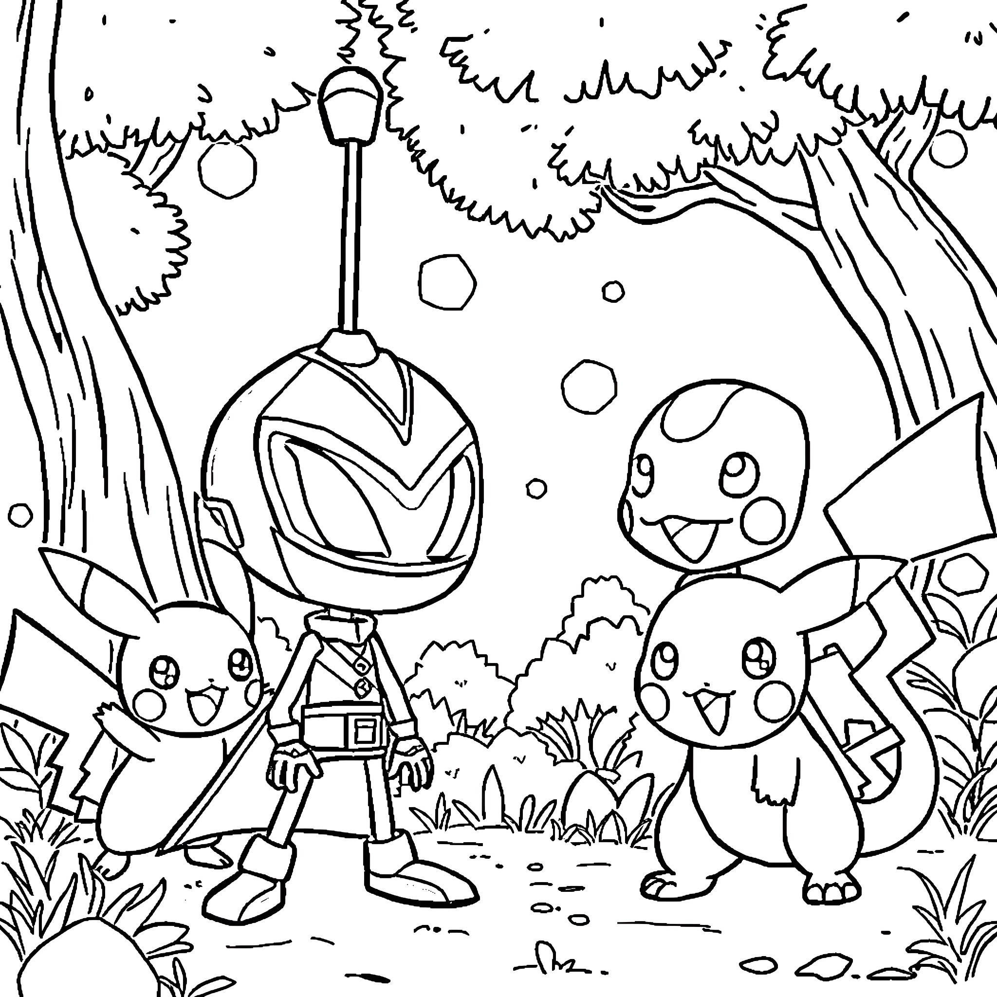 Invader Zim characters in whimsical nature scene Coloring Page (free black-and-white line drawing printable PDF for all, from beginners to advanced learners, including children, teens, adults, and seniors)