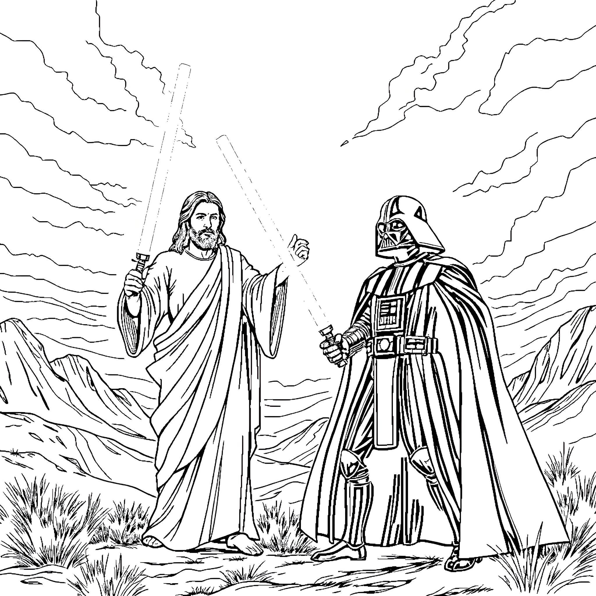 Darth Vader Confronts Jesus in Dramatic Showdown Coloring Page (free black-and-white line drawing printable PDF for all, from beginners to advanced learners, including children, teens, adults, and seniors)