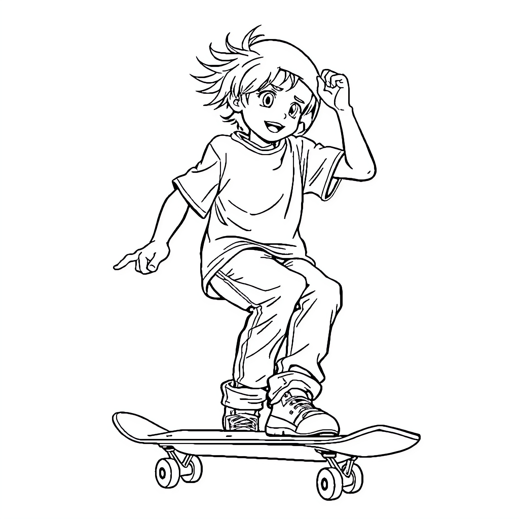 Skateboard boy riding with excitement Coloring Page (free black-and-white line drawing printable PDF for all, from beginners to advanced learners, including children, teens, adults, and seniors)